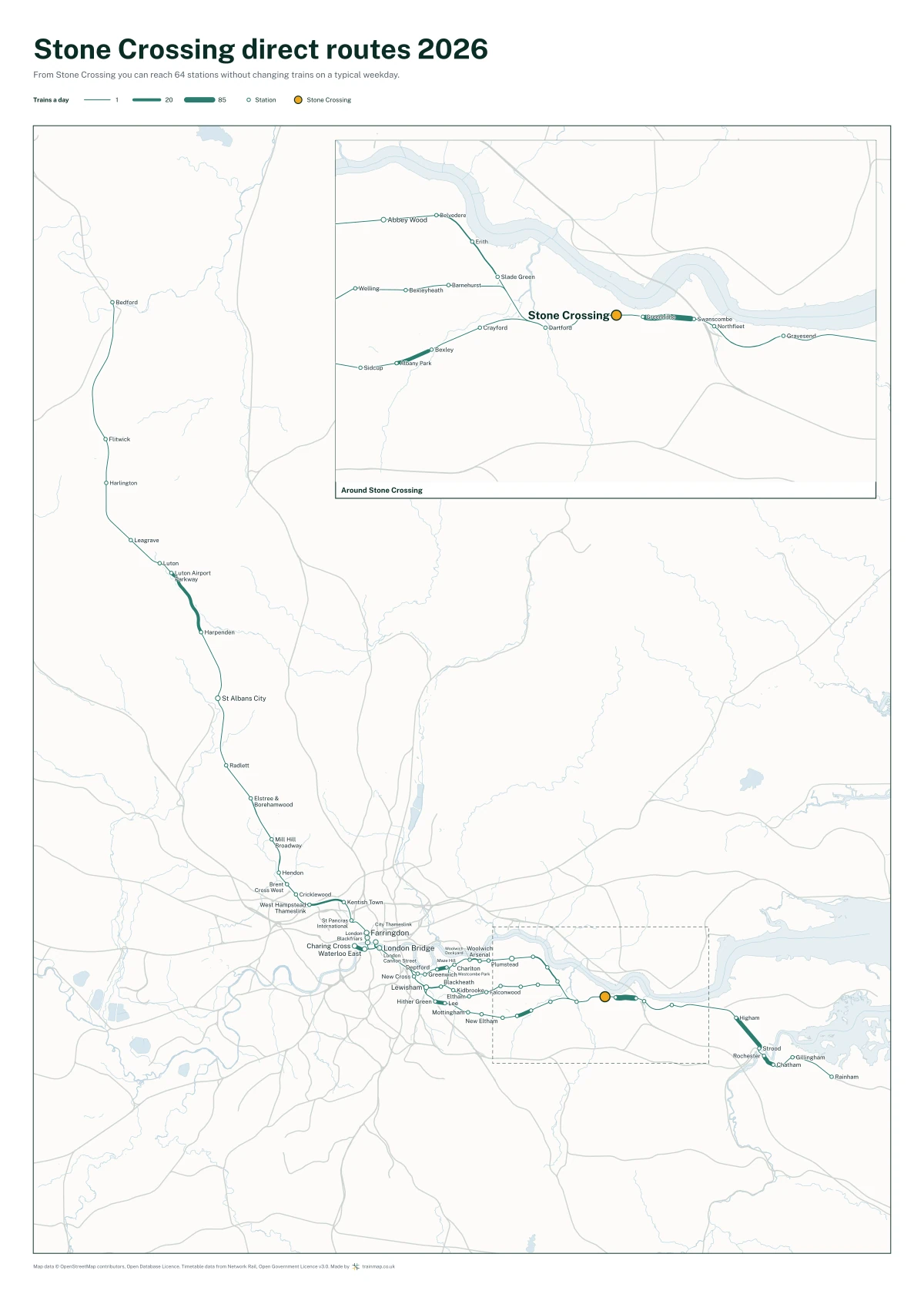 Stone Crossing direct routes 2026: a map of every station you can reach from Stone Crossing without changing trains, the lines thicker where more trains run