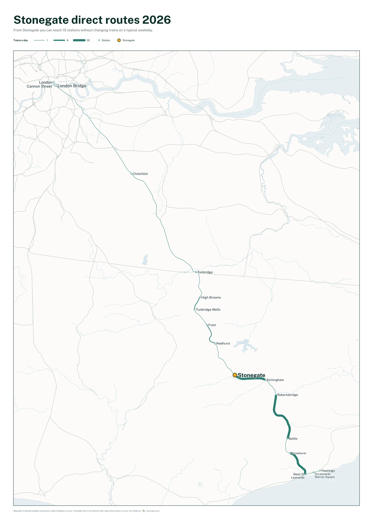 Stonegate direct routes 2026: a map of every station you can reach from Stonegate without changing trains, the lines thicker where more trains run