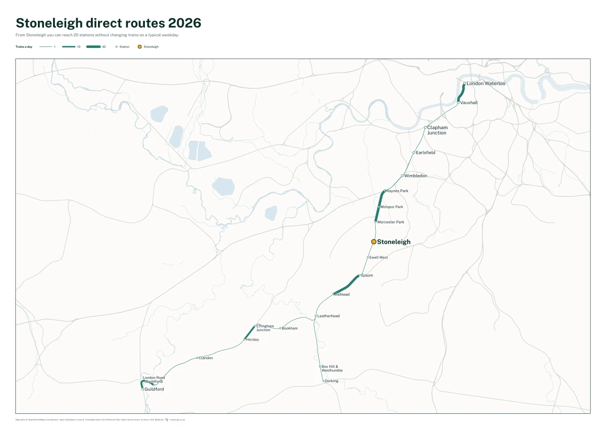 Stoneleigh direct routes 2026: a map of every station you can reach from Stoneleigh without changing trains, the lines thicker where more trains run