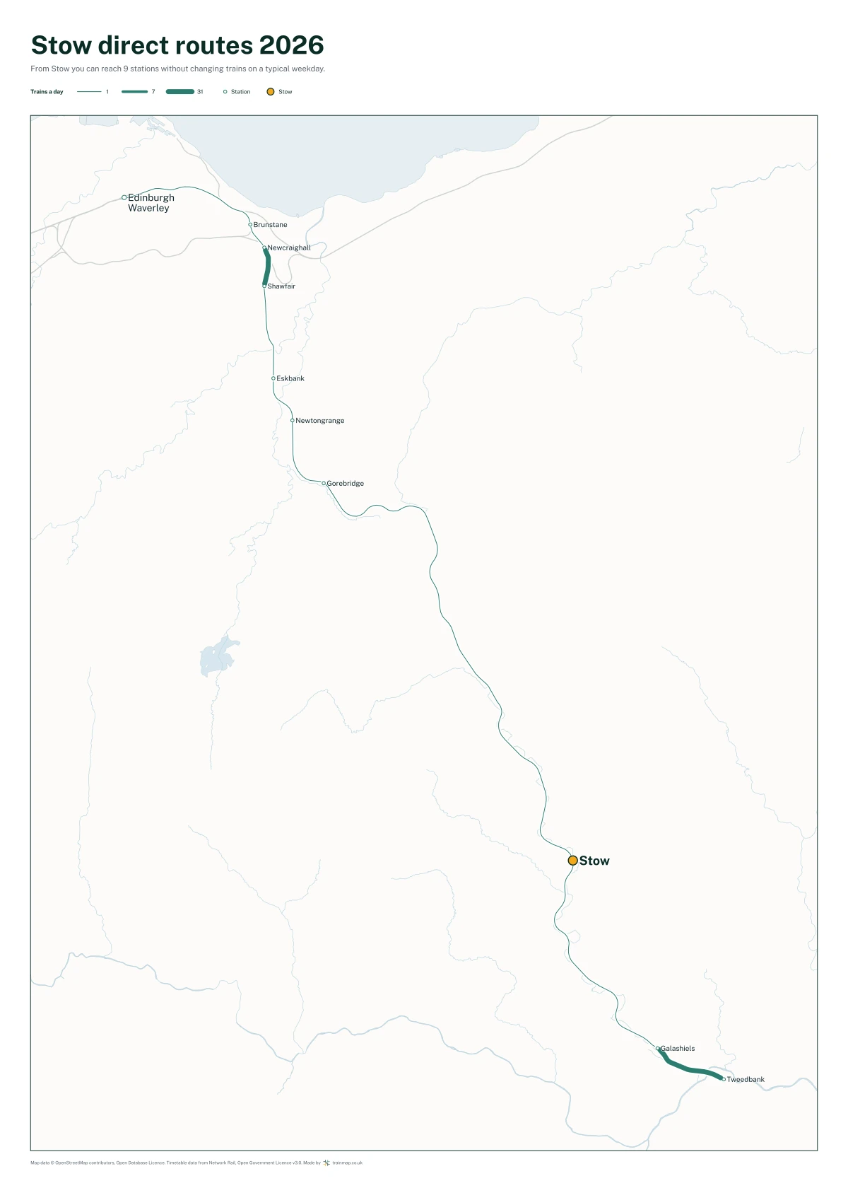 Stow direct routes 2026: a map of every station you can reach from Stow without changing trains, the lines thicker where more trains run