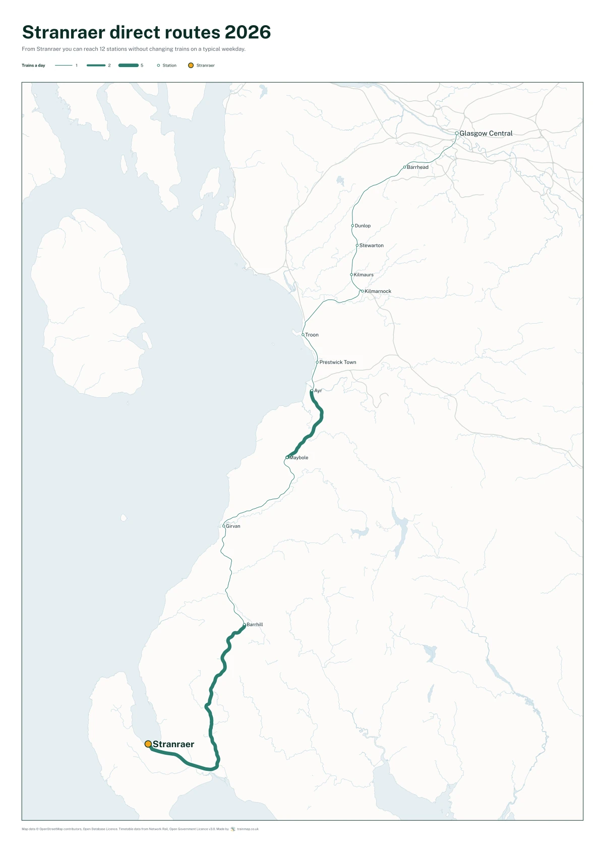 Stranraer direct routes 2026: a map of every station you can reach from Stranraer without changing trains, the lines thicker where more trains run