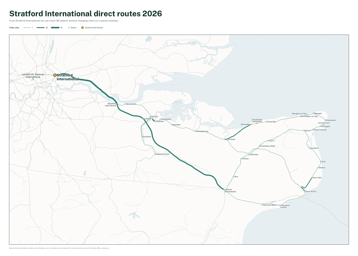Stratford International direct routes 2026: a map of every station you can reach from Stratford International without changing trains, the lines thicker where more trains run
