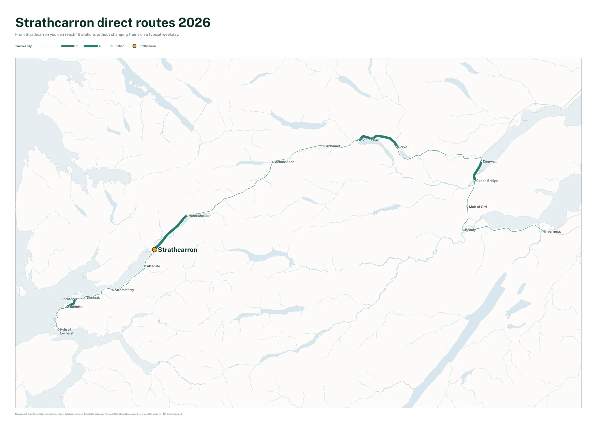 Strathcarron direct routes 2026: a map of every station you can reach from Strathcarron without changing trains, the lines thicker where more trains run
