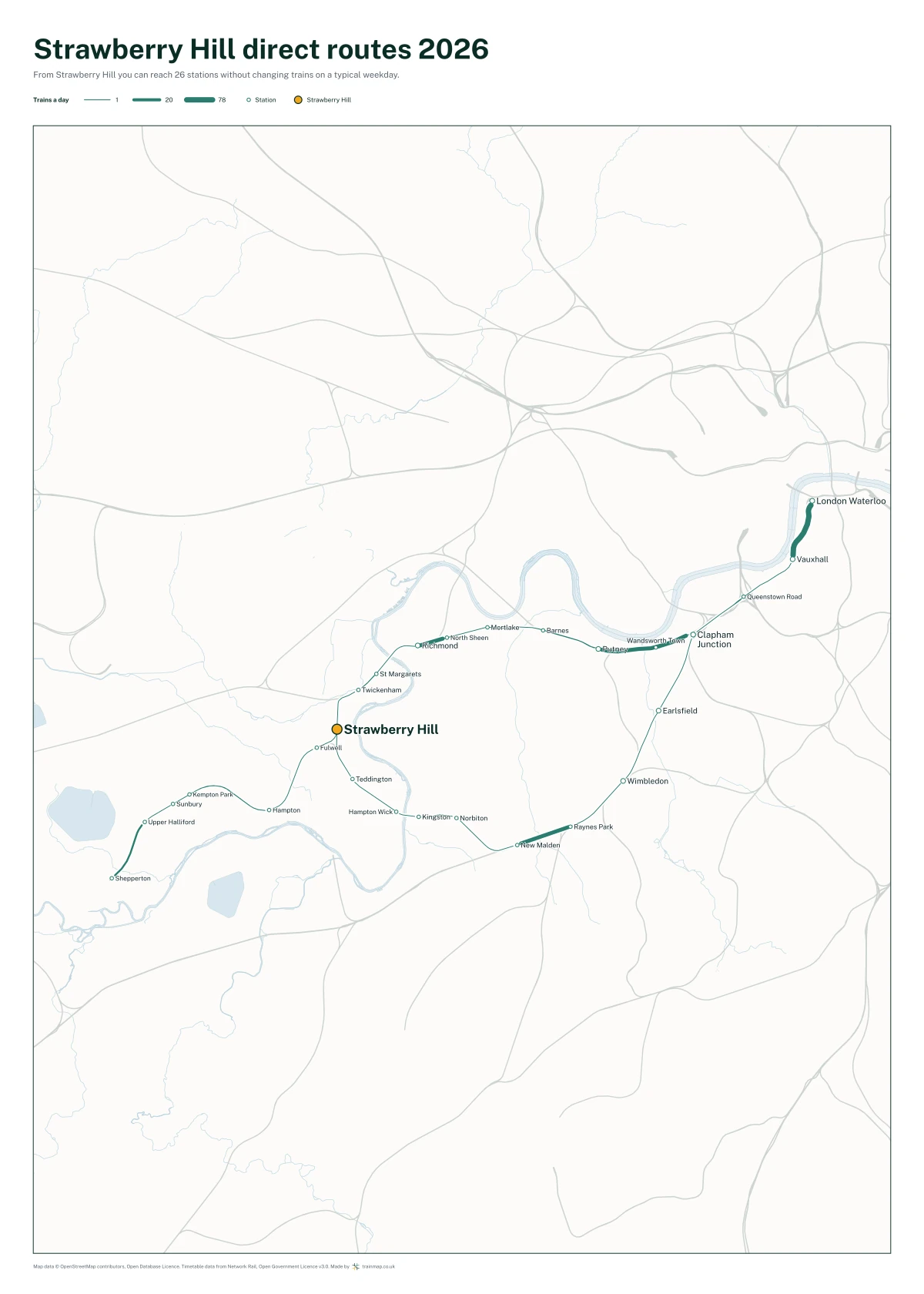 Strawberry Hill direct routes 2026: a map of every station you can reach from Strawberry Hill without changing trains, the lines thicker where more trains run