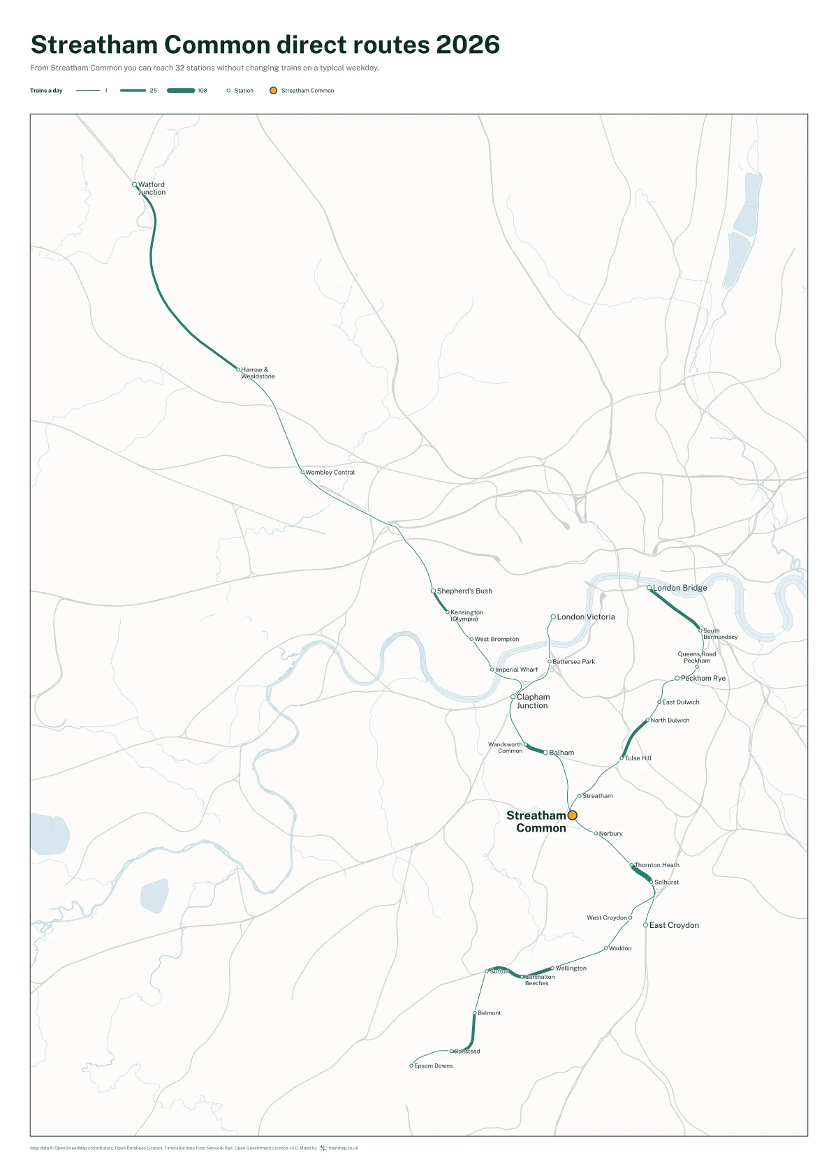 Streatham Common direct routes 2026: a map of every station you can reach from Streatham Common without changing trains, the lines thicker where more trains run