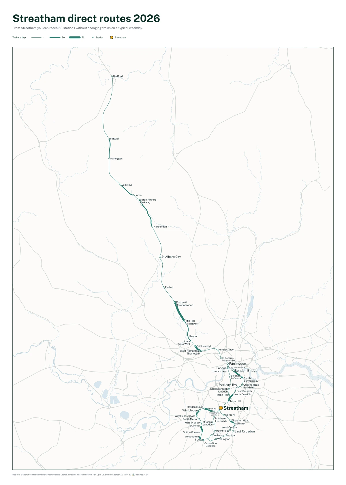 Streatham direct routes 2026: a map of every station you can reach from Streatham without changing trains, the lines thicker where more trains run