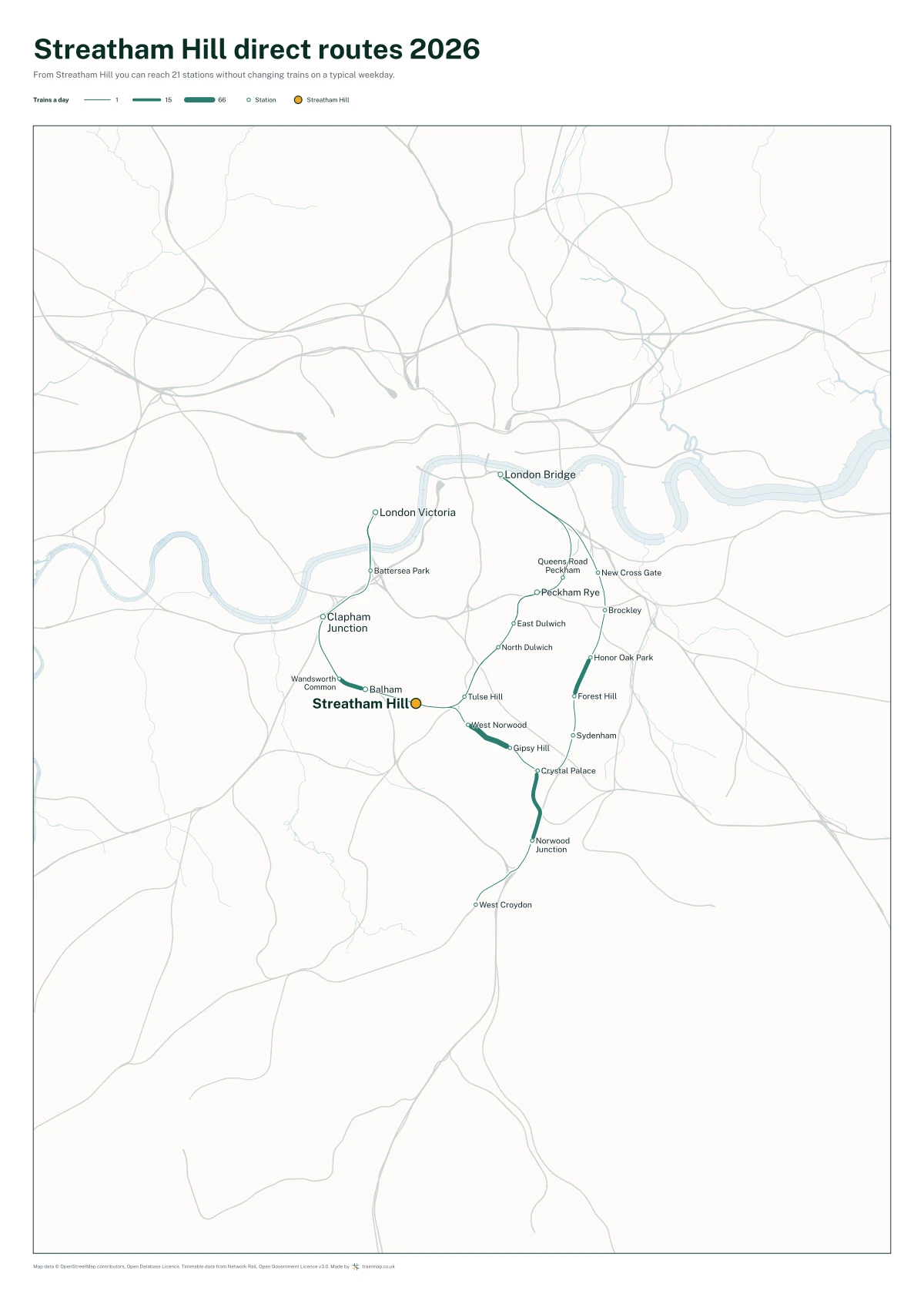 Streatham Hill direct routes 2026: a map of every station you can reach from Streatham Hill without changing trains, the lines thicker where more trains run