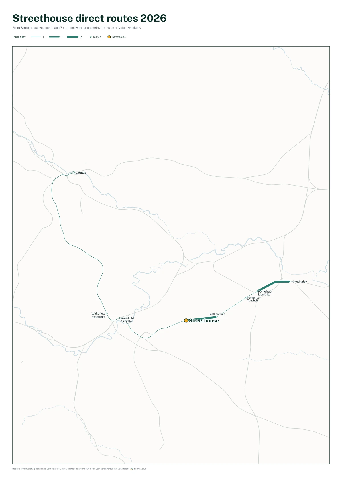 Streethouse direct routes 2026: a map of every station you can reach from Streethouse without changing trains, the lines thicker where more trains run
