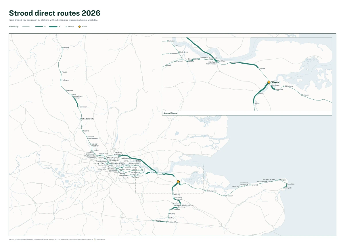 Strood direct routes 2026: a map of every station you can reach from Strood without changing trains, the lines thicker where more trains run