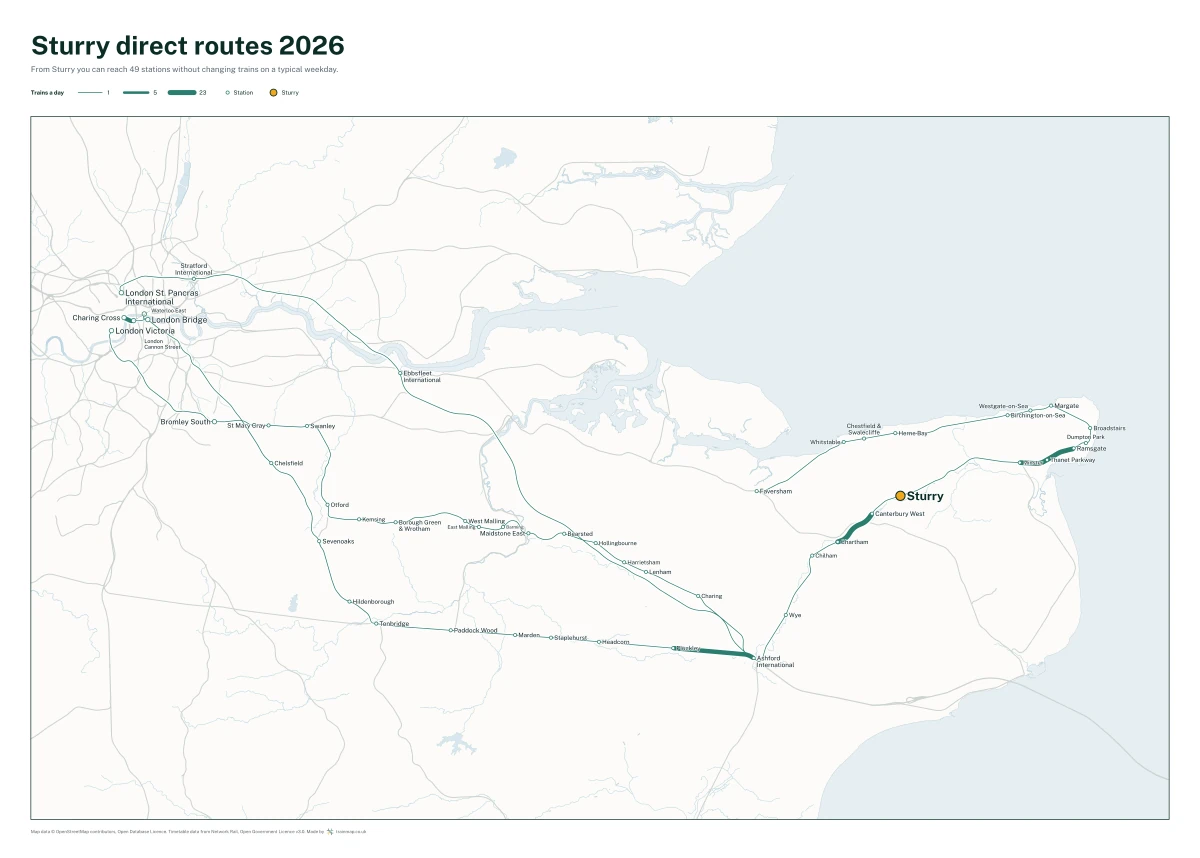 Sturry direct routes 2026: a map of every station you can reach from Sturry without changing trains, the lines thicker where more trains run