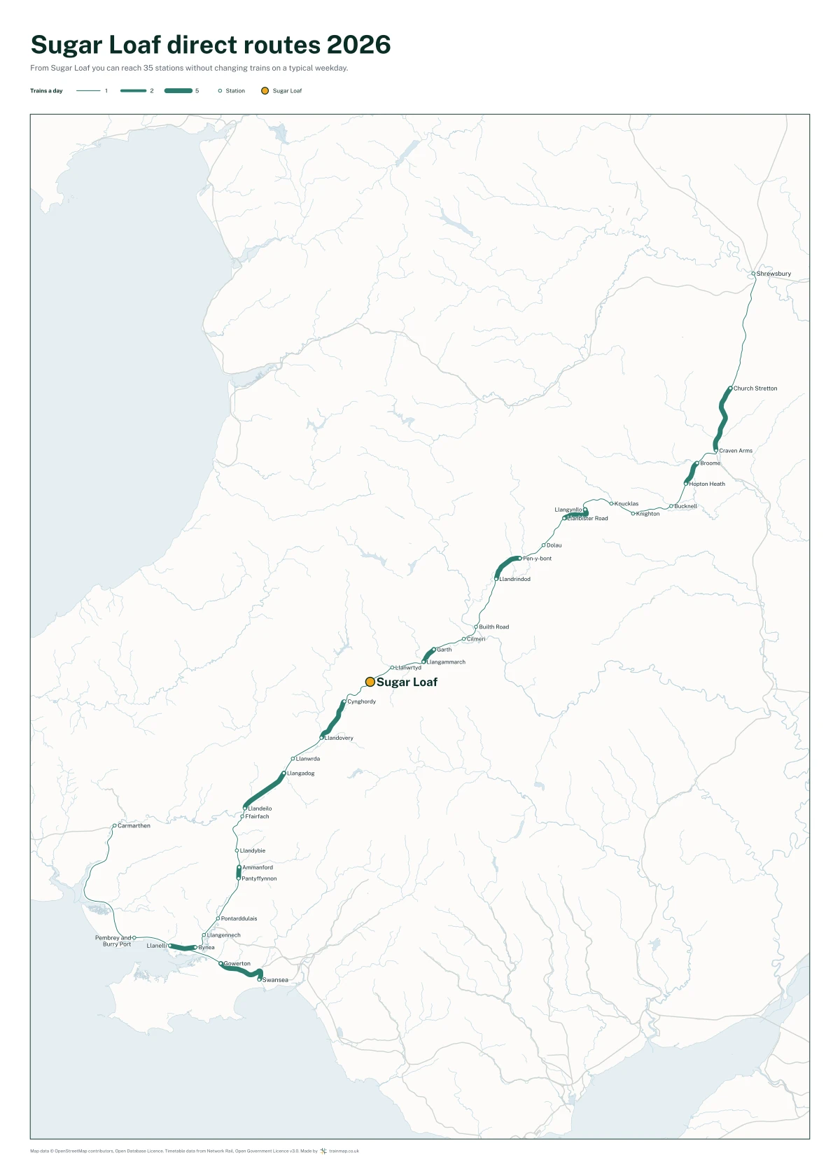 Sugar Loaf direct routes 2026: a map of every station you can reach from Sugar Loaf without changing trains, the lines thicker where more trains run