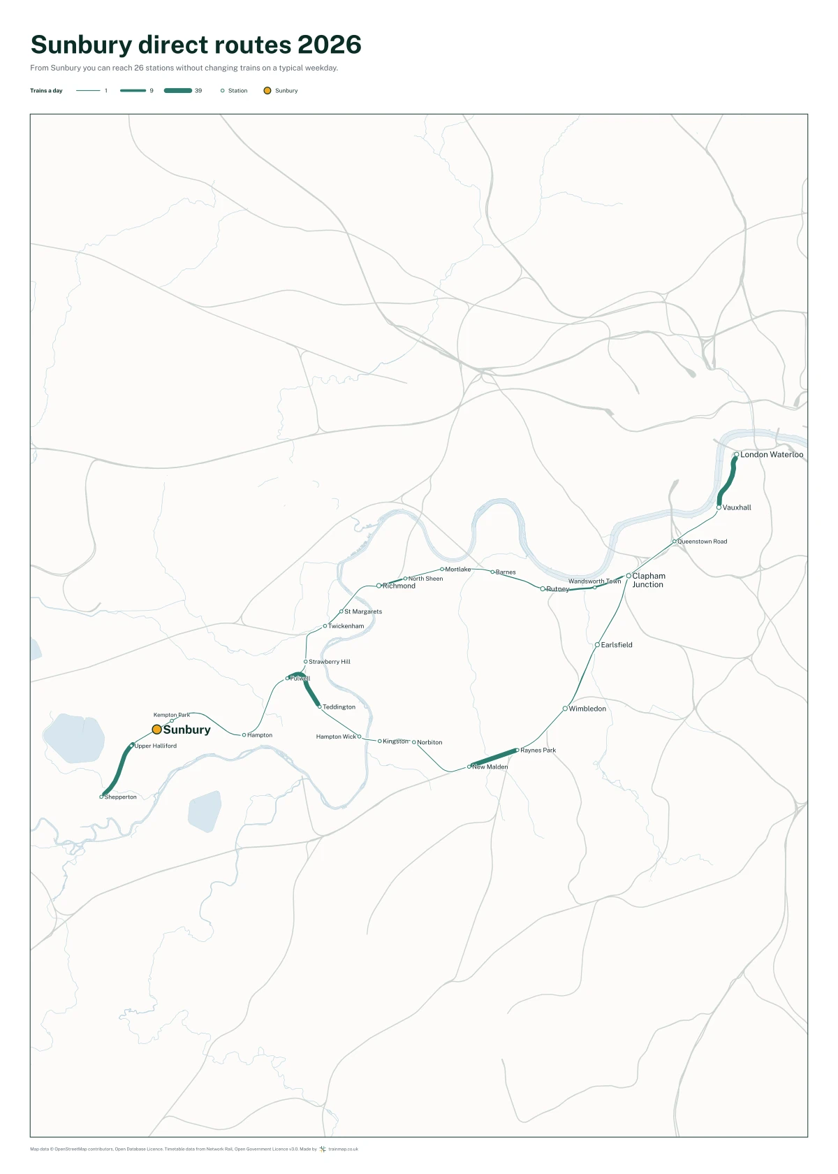 Sunbury direct routes 2026: a map of every station you can reach from Sunbury without changing trains, the lines thicker where more trains run