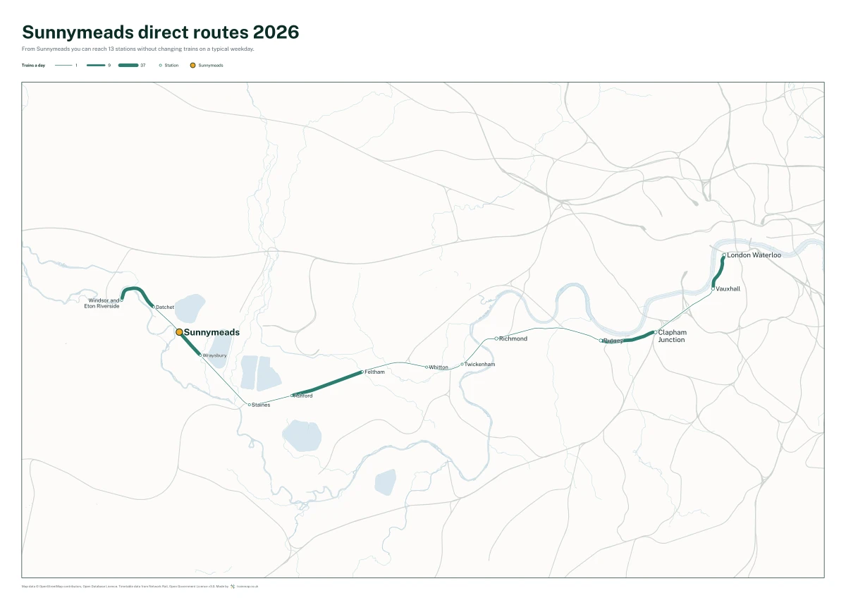 Sunnymeads direct routes 2026: a map of every station you can reach from Sunnymeads without changing trains, the lines thicker where more trains run