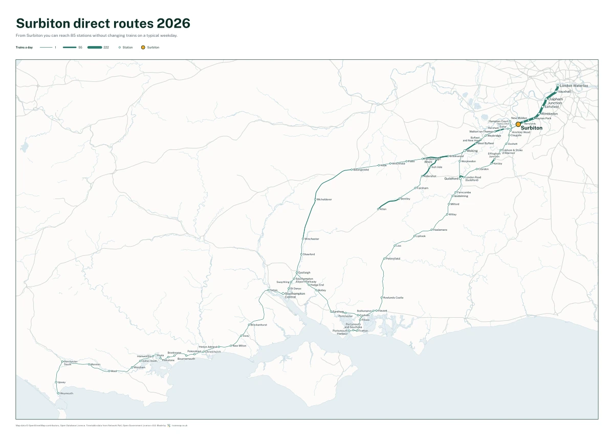 Surbiton direct routes 2026: a map of every station you can reach from Surbiton without changing trains, the lines thicker where more trains run