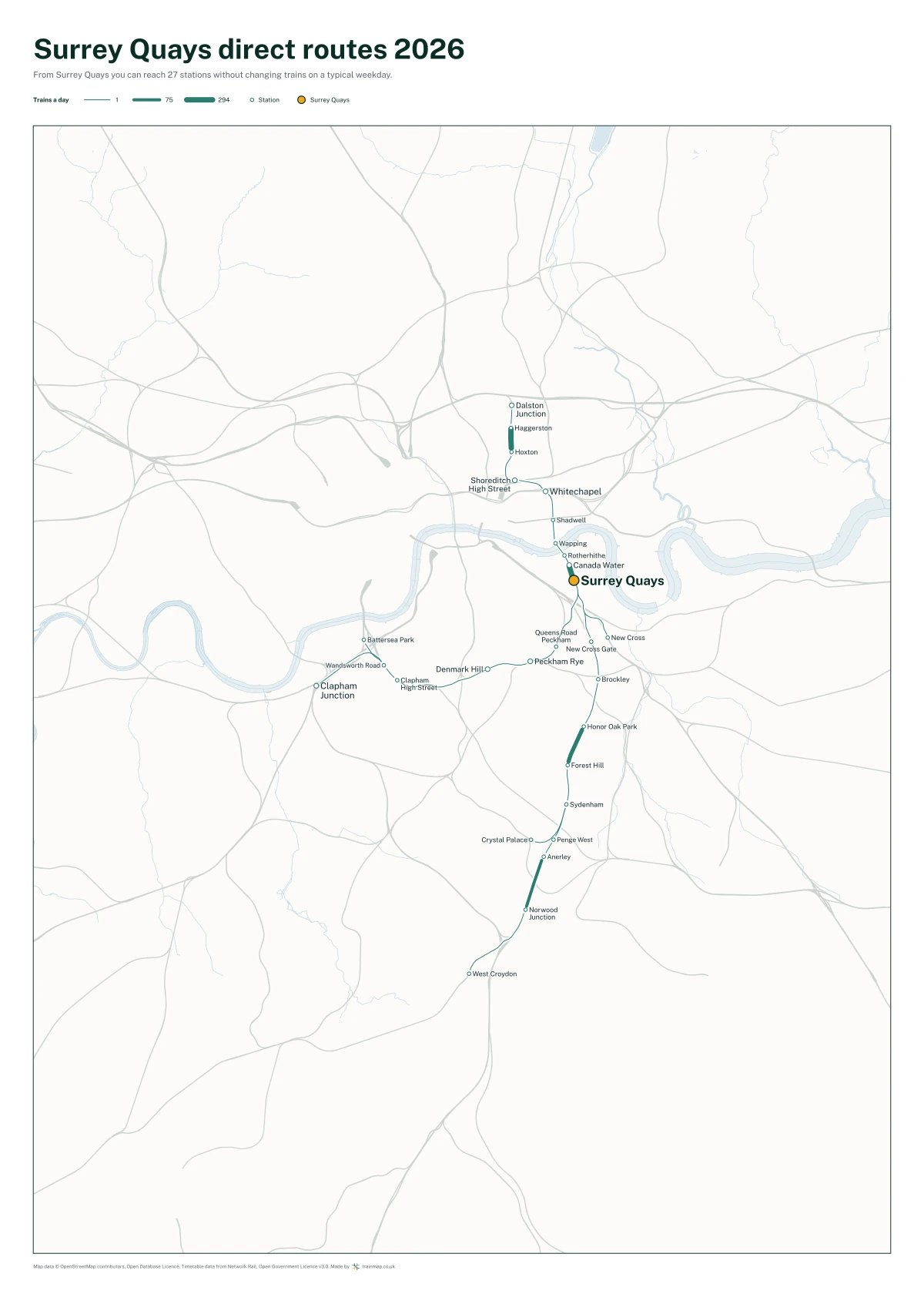 Surrey Quays direct routes 2026: a map of every station you can reach from Surrey Quays without changing trains, the lines thicker where more trains run