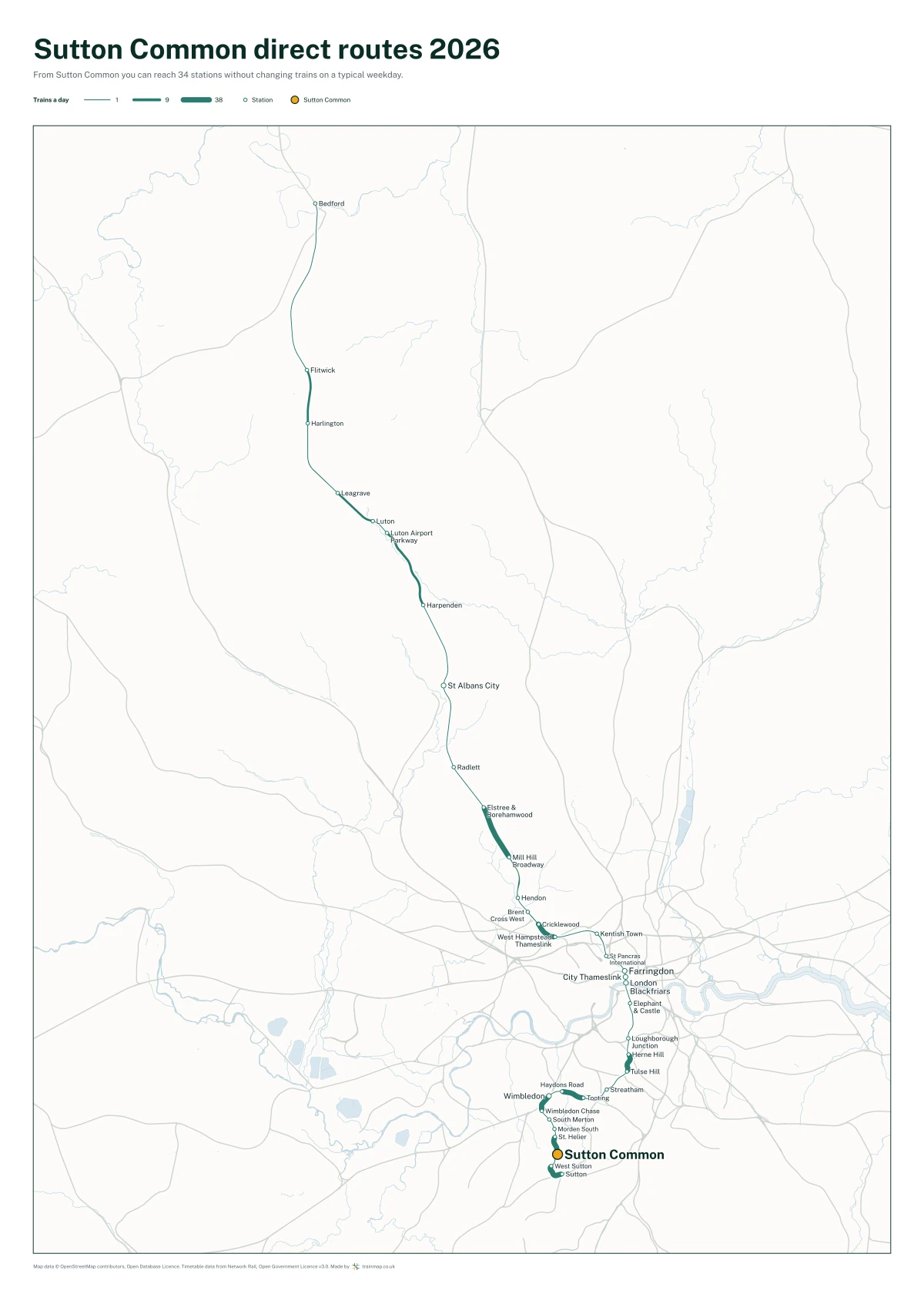 Sutton Common direct routes 2026: a map of every station you can reach from Sutton Common without changing trains, the lines thicker where more trains run