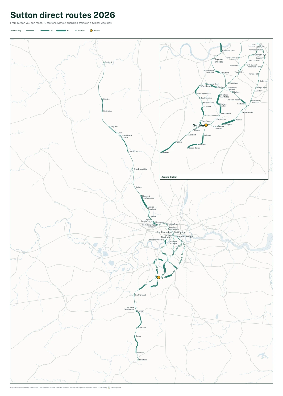 Sutton direct routes 2026: a map of every station you can reach from Sutton without changing trains, the lines thicker where more trains run