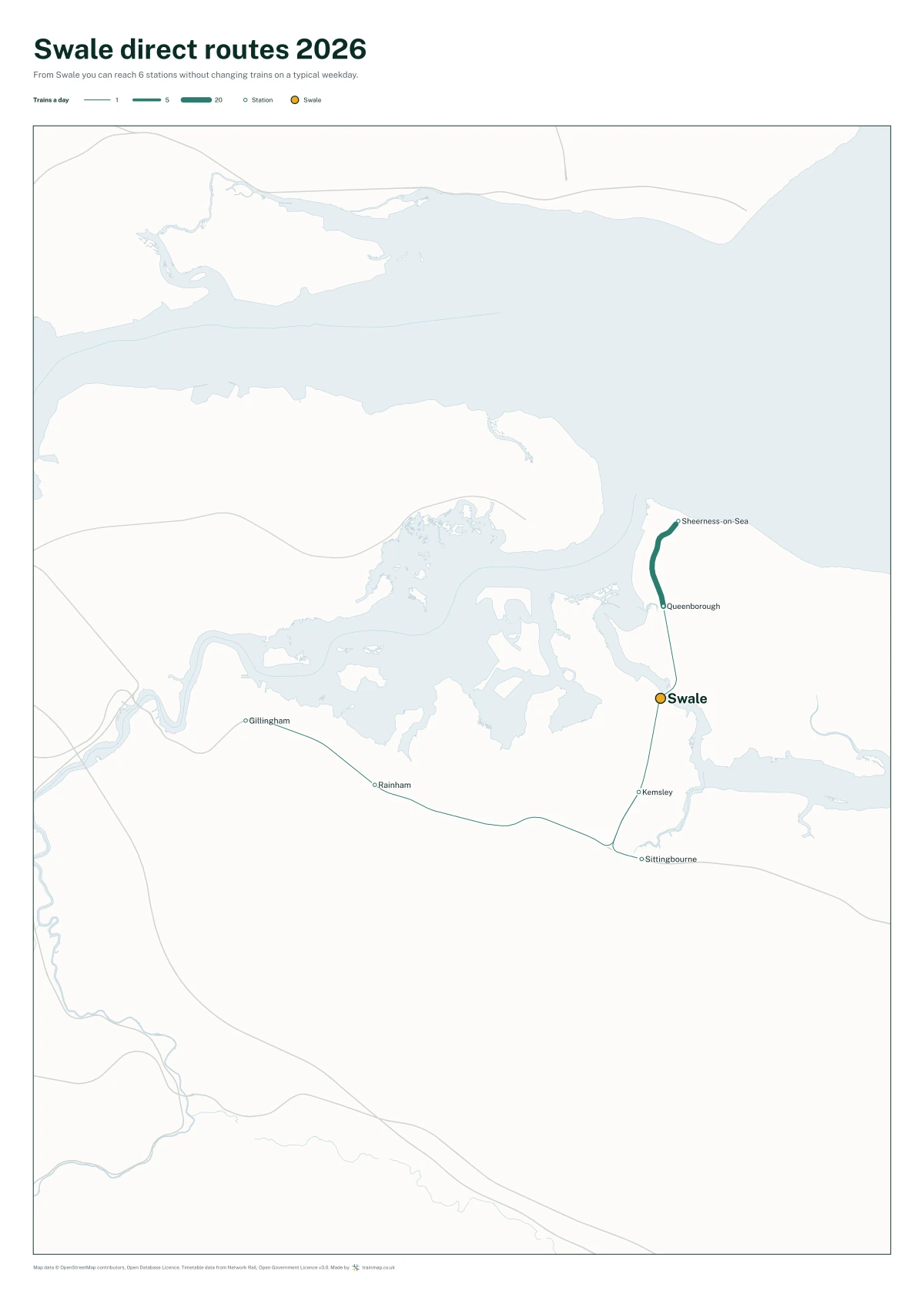 Swale direct routes 2026: a map of every station you can reach from Swale without changing trains, the lines thicker where more trains run