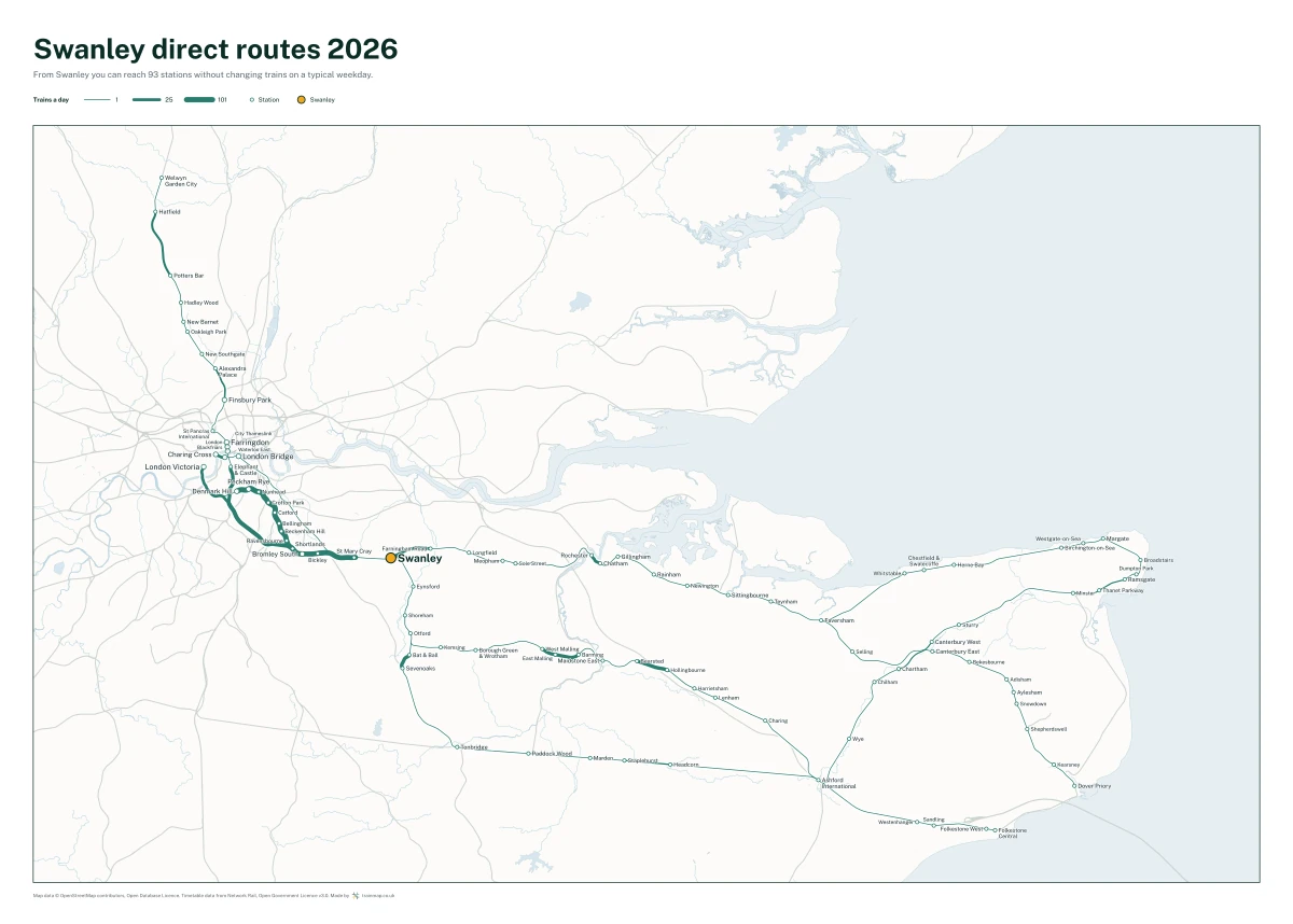 Swanley direct routes 2026: a map of every station you can reach from Swanley without changing trains, the lines thicker where more trains run