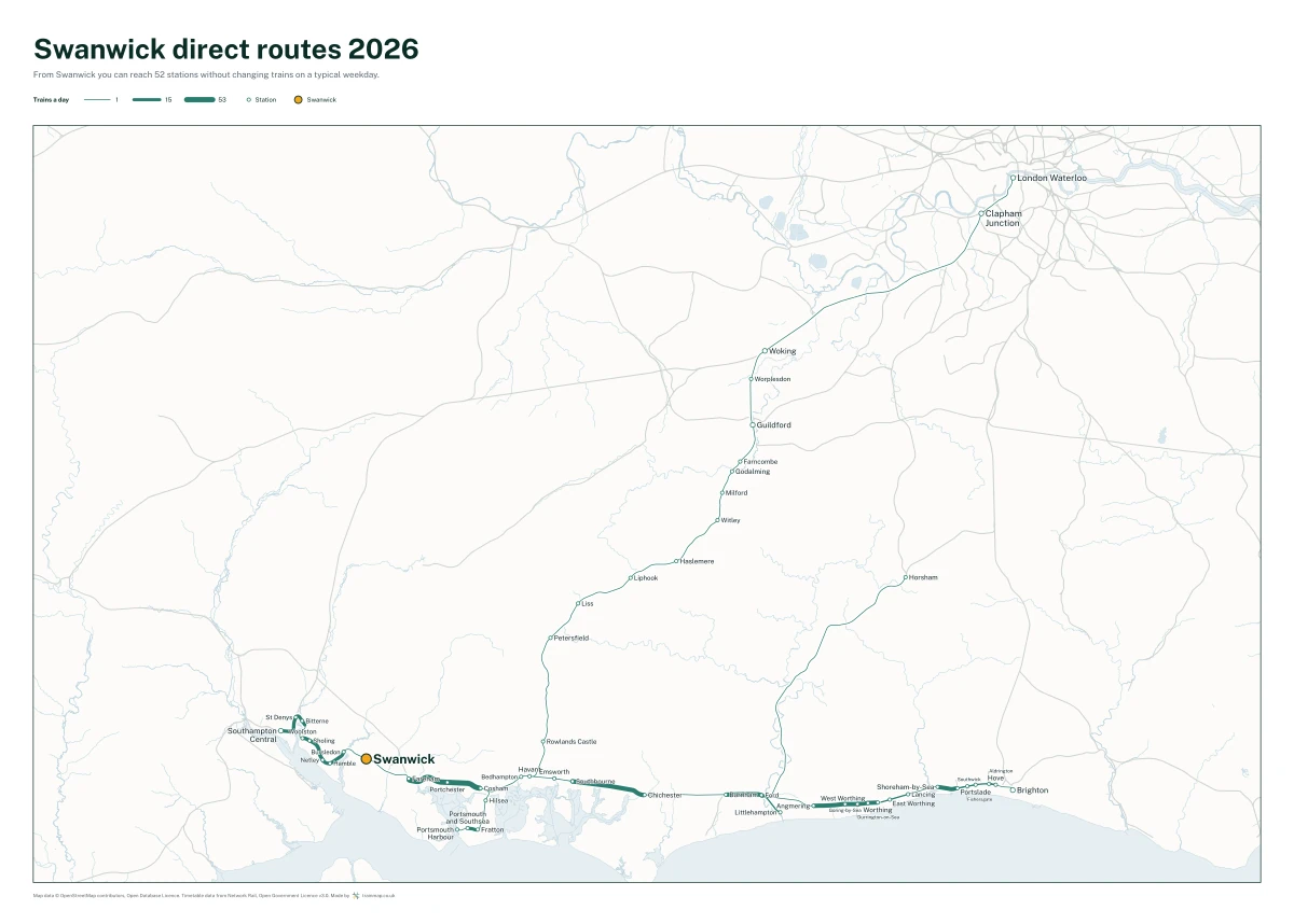 Swanwick direct routes 2026: a map of every station you can reach from Swanwick without changing trains, the lines thicker where more trains run