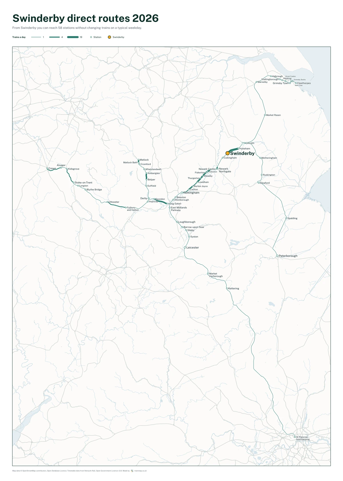 Swinderby direct routes 2026: a map of every station you can reach from Swinderby without changing trains, the lines thicker where more trains run