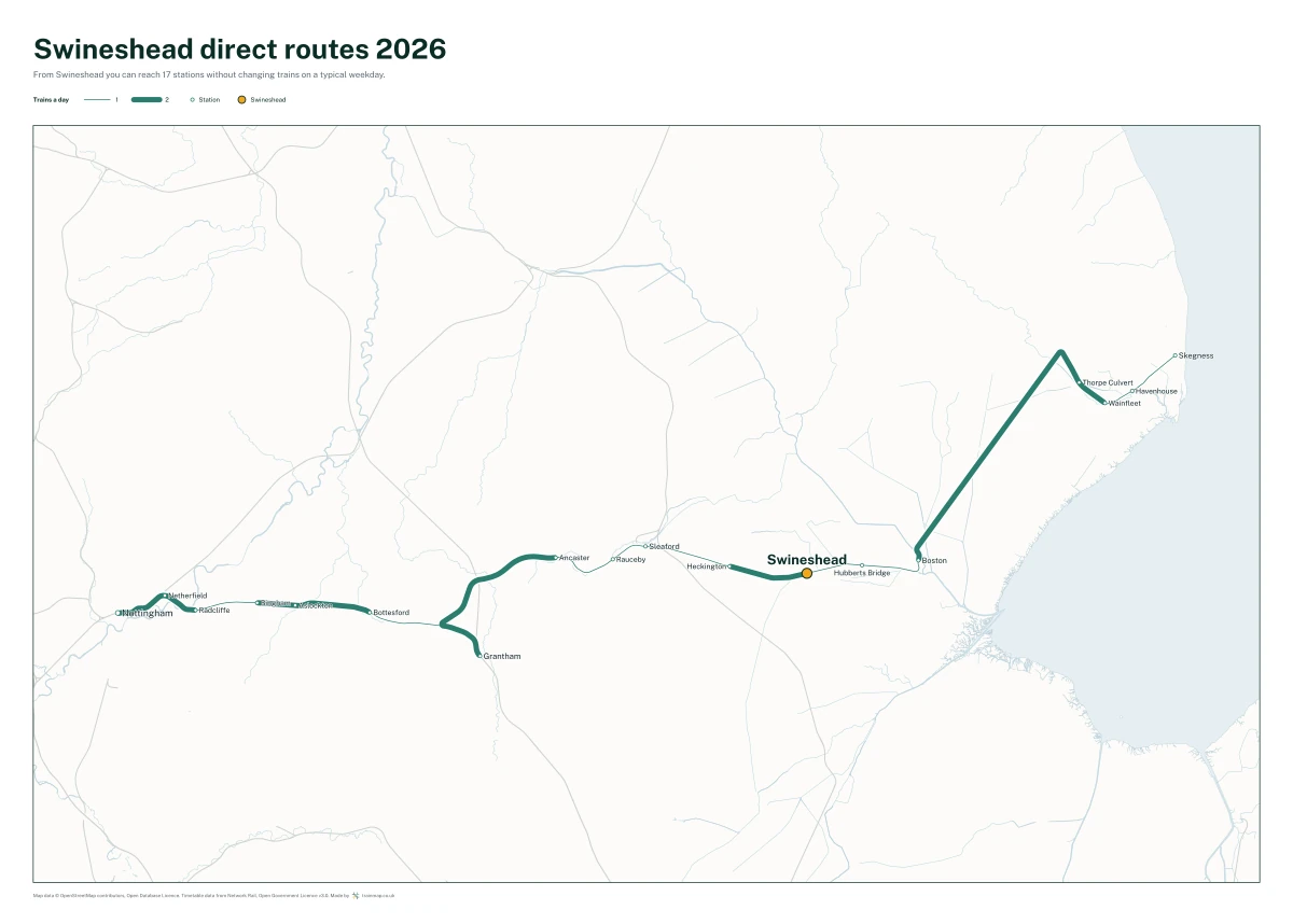 Swineshead direct routes 2026: a map of every station you can reach from Swineshead without changing trains, the lines thicker where more trains run