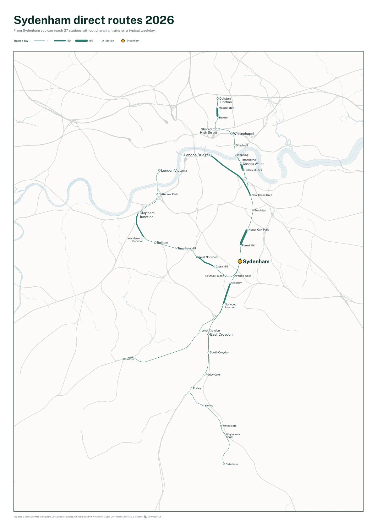 Sydenham direct routes 2026: a map of every station you can reach from Sydenham without changing trains, the lines thicker where more trains run