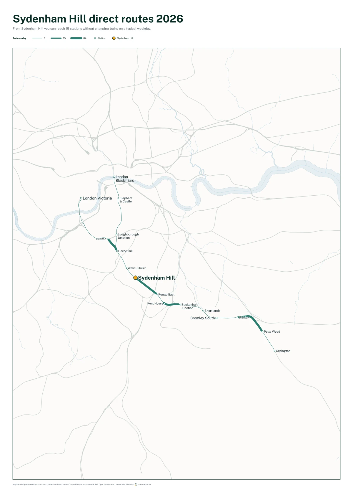Sydenham Hill direct routes 2026: a map of every station you can reach from Sydenham Hill without changing trains, the lines thicker where more trains run
