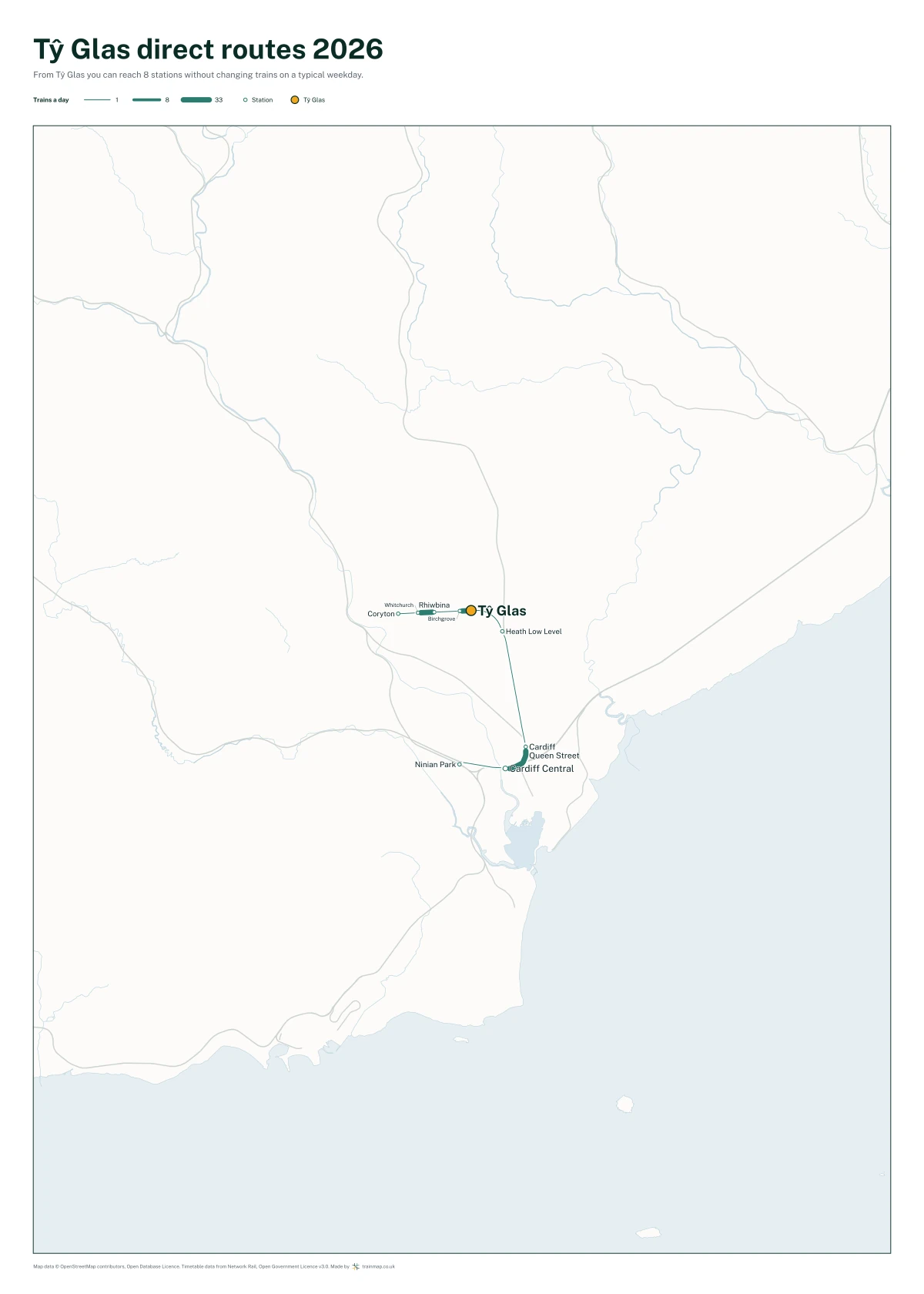 Tŷ Glas direct routes 2026: a map of every station you can reach from Tŷ Glas without changing trains, the lines thicker where more trains run