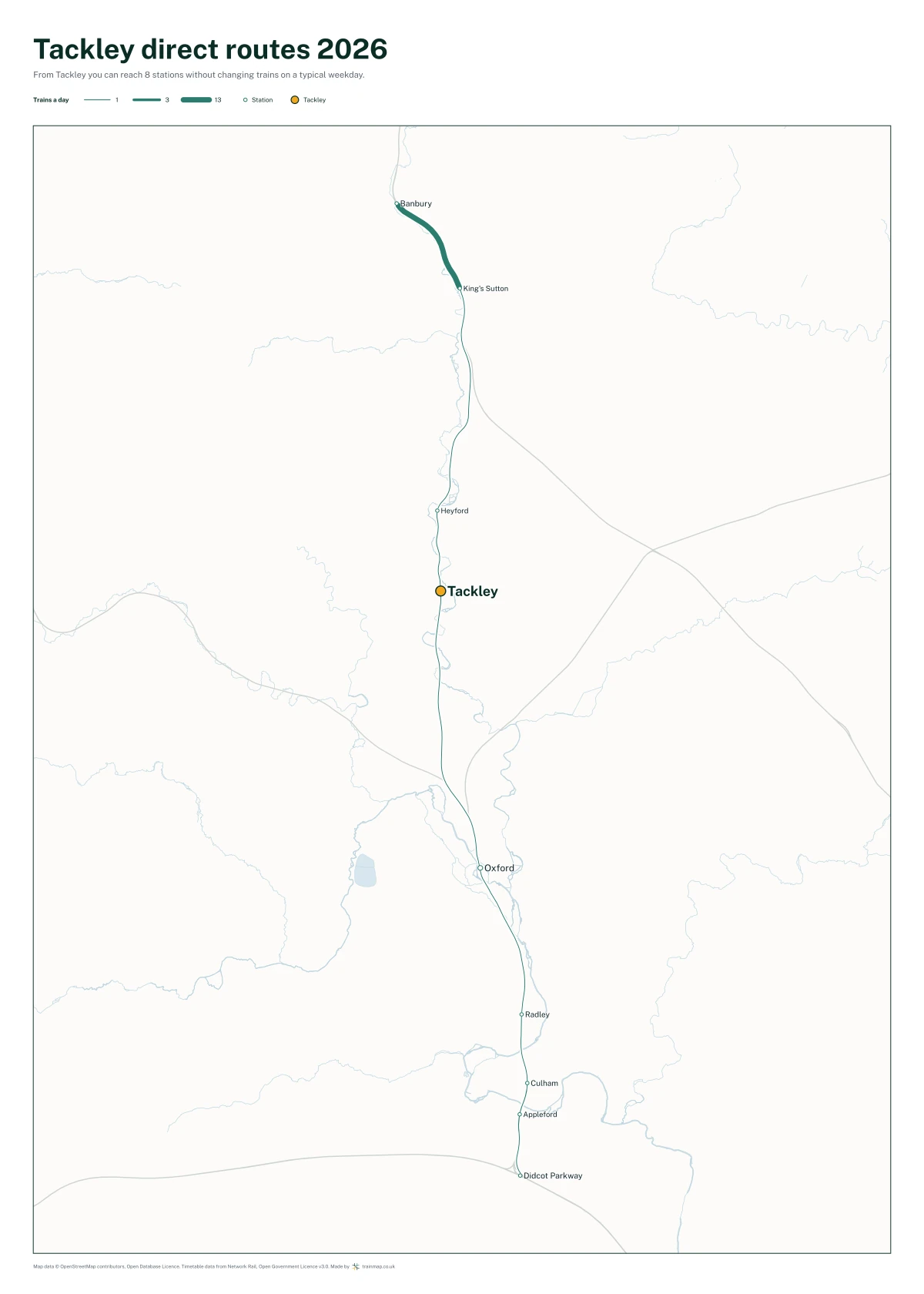 Tackley direct routes 2026: a map of every station you can reach from Tackley without changing trains, the lines thicker where more trains run