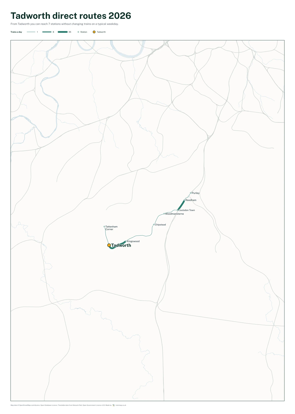 Tadworth direct routes 2026: a map of every station you can reach from Tadworth without changing trains, the lines thicker where more trains run