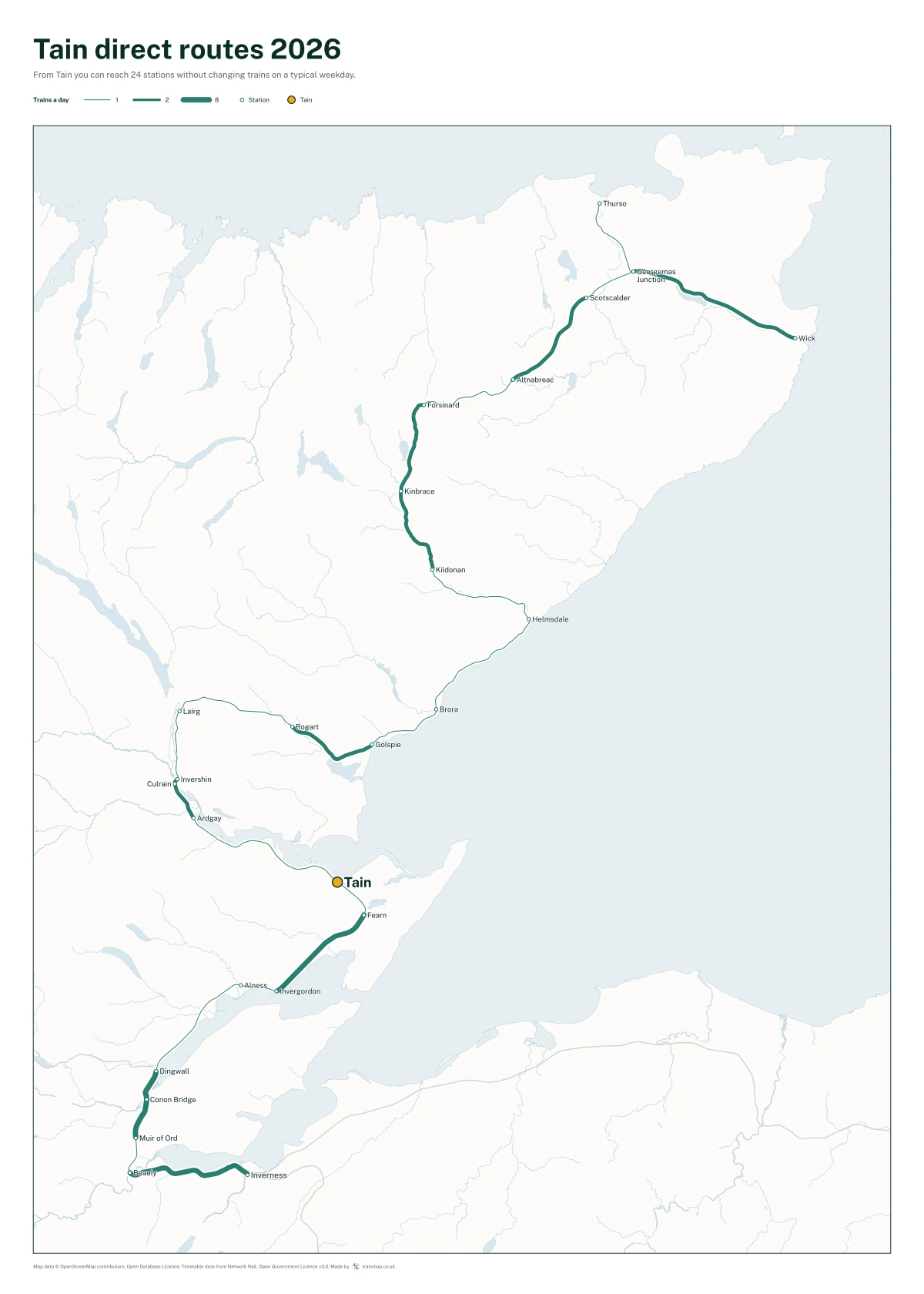 Tain direct routes 2026: a map of every station you can reach from Tain without changing trains, the lines thicker where more trains run