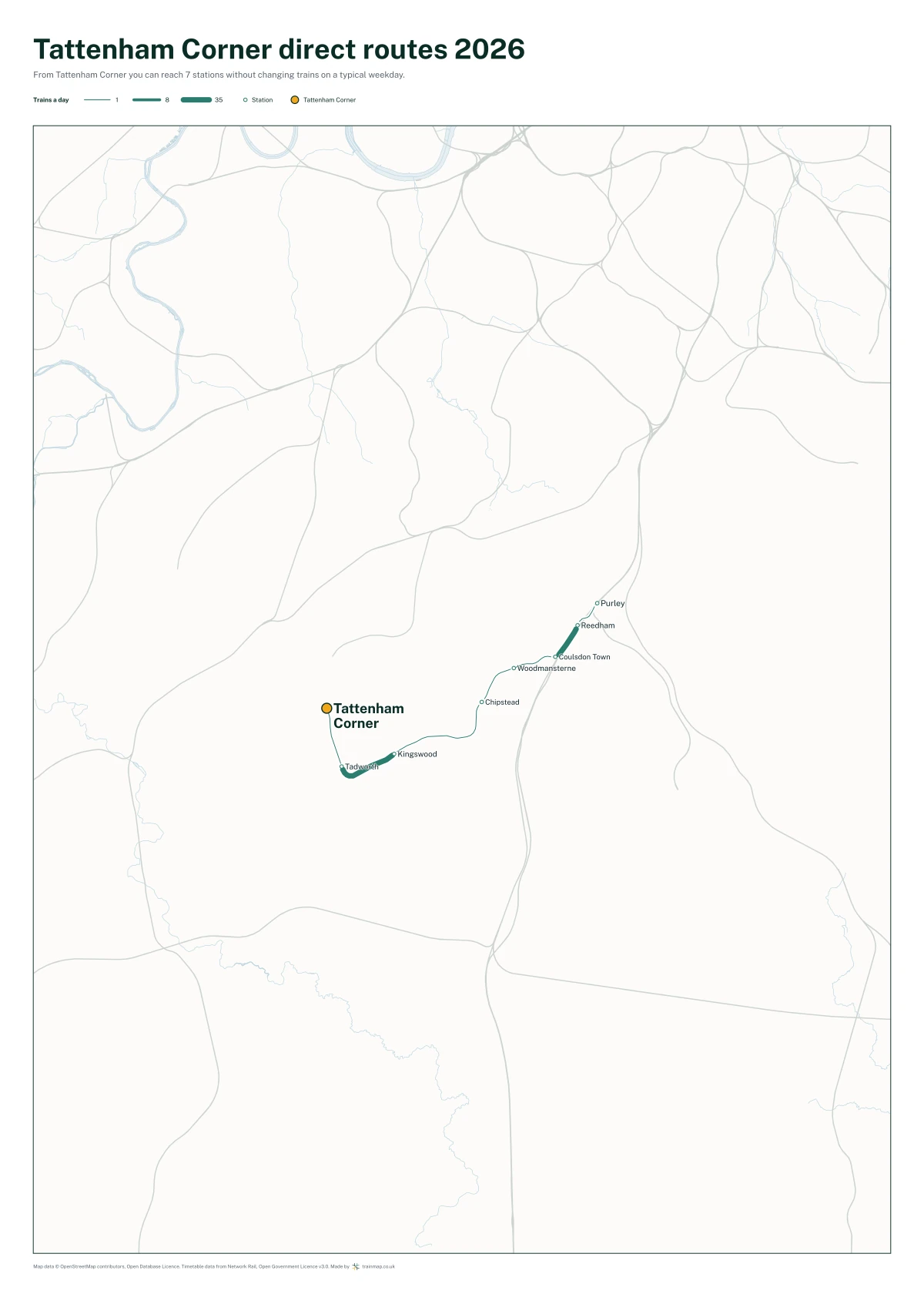 Tattenham Corner direct routes 2026: a map of every station you can reach from Tattenham Corner without changing trains, the lines thicker where more trains run