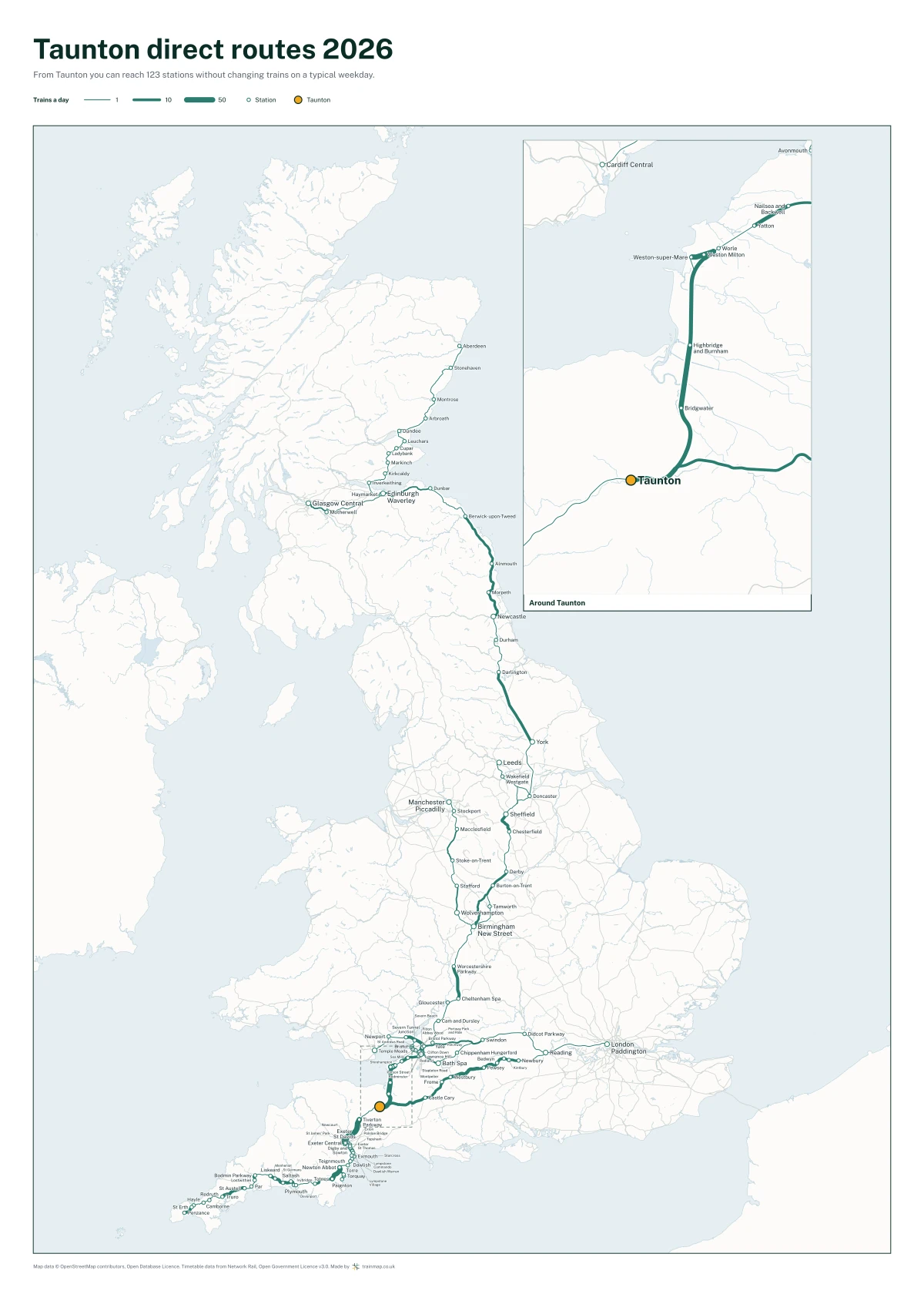Taunton direct routes 2026: a map of every station you can reach from Taunton without changing trains, the lines thicker where more trains run