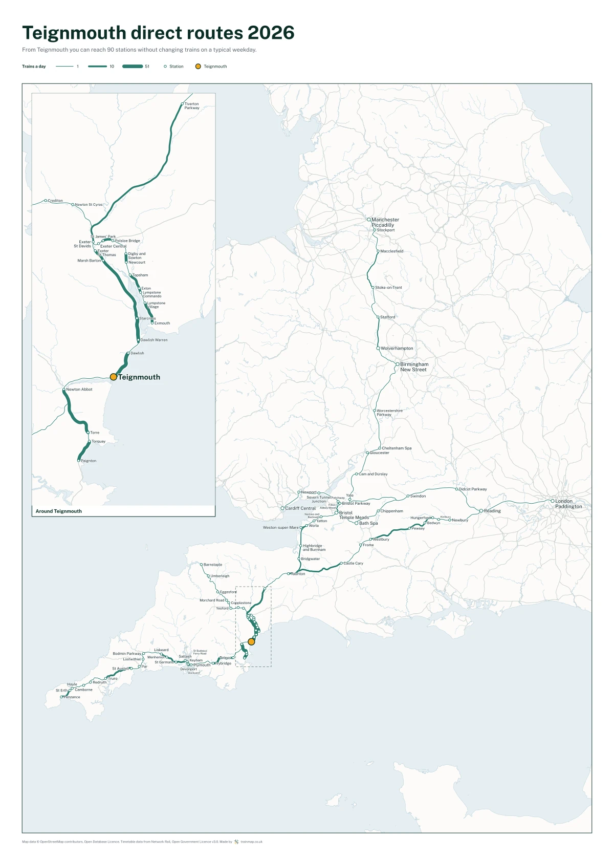 Teignmouth direct routes 2026: a map of every station you can reach from Teignmouth without changing trains, the lines thicker where more trains run