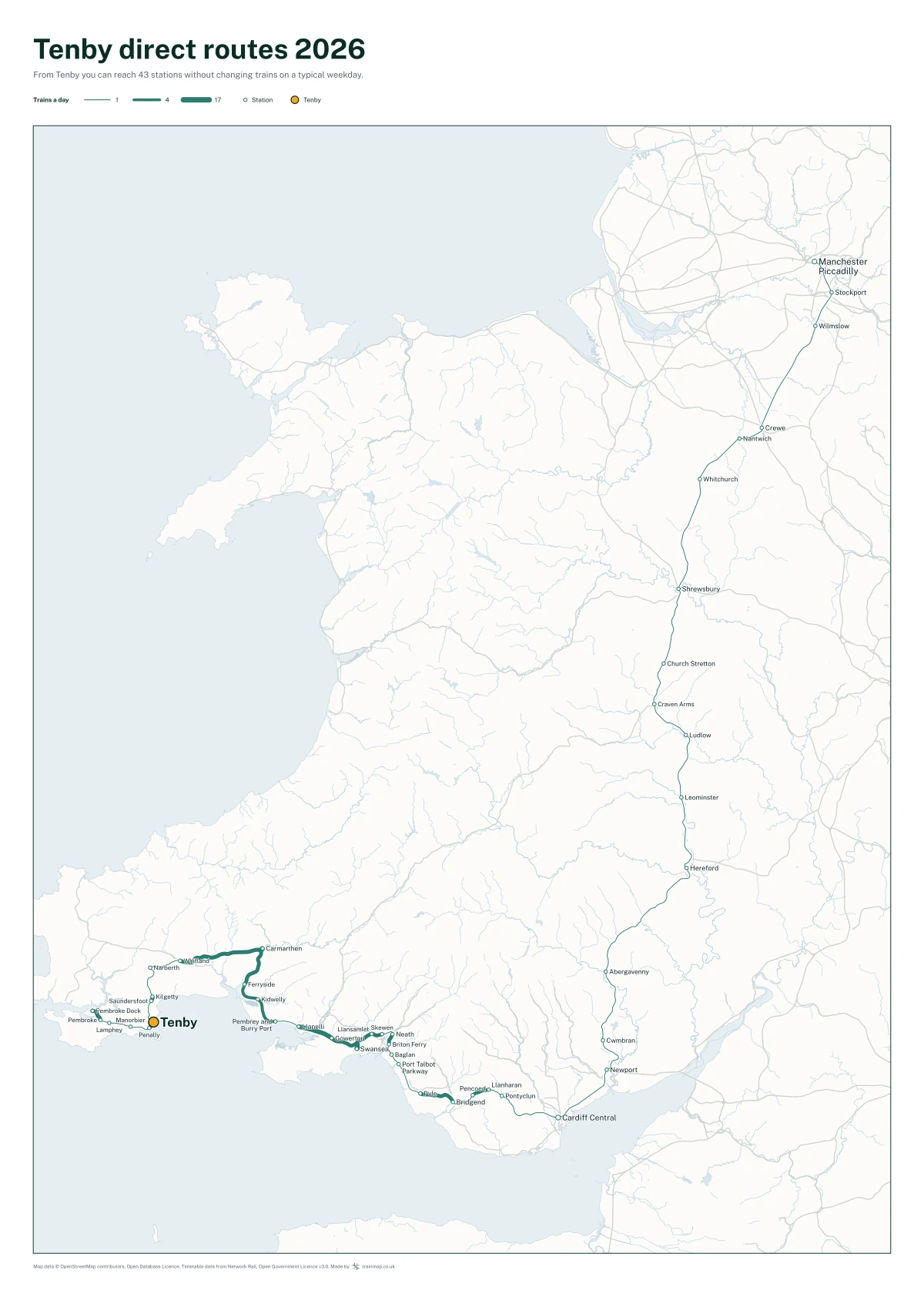 Tenby direct routes 2026: a map of every station you can reach from Tenby without changing trains, the lines thicker where more trains run