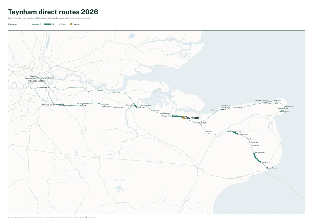 Teynham direct routes 2026: a map of every station you can reach from Teynham without changing trains, the lines thicker where more trains run