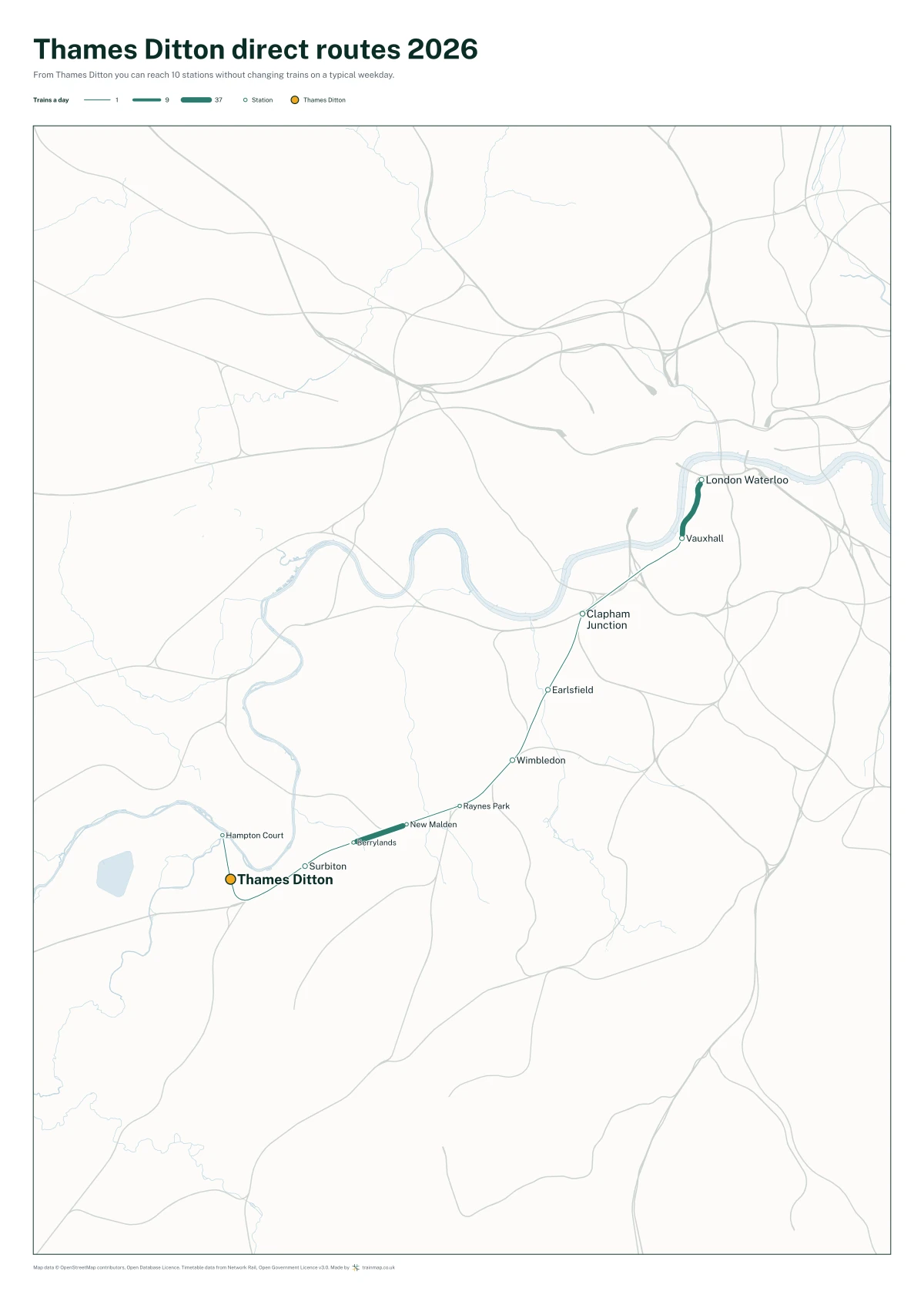 Thames Ditton direct routes 2026: a map of every station you can reach from Thames Ditton without changing trains, the lines thicker where more trains run