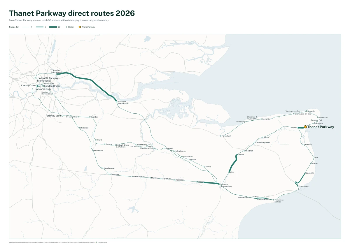Thanet Parkway direct routes 2026: a map of every station you can reach from Thanet Parkway without changing trains, the lines thicker where more trains run