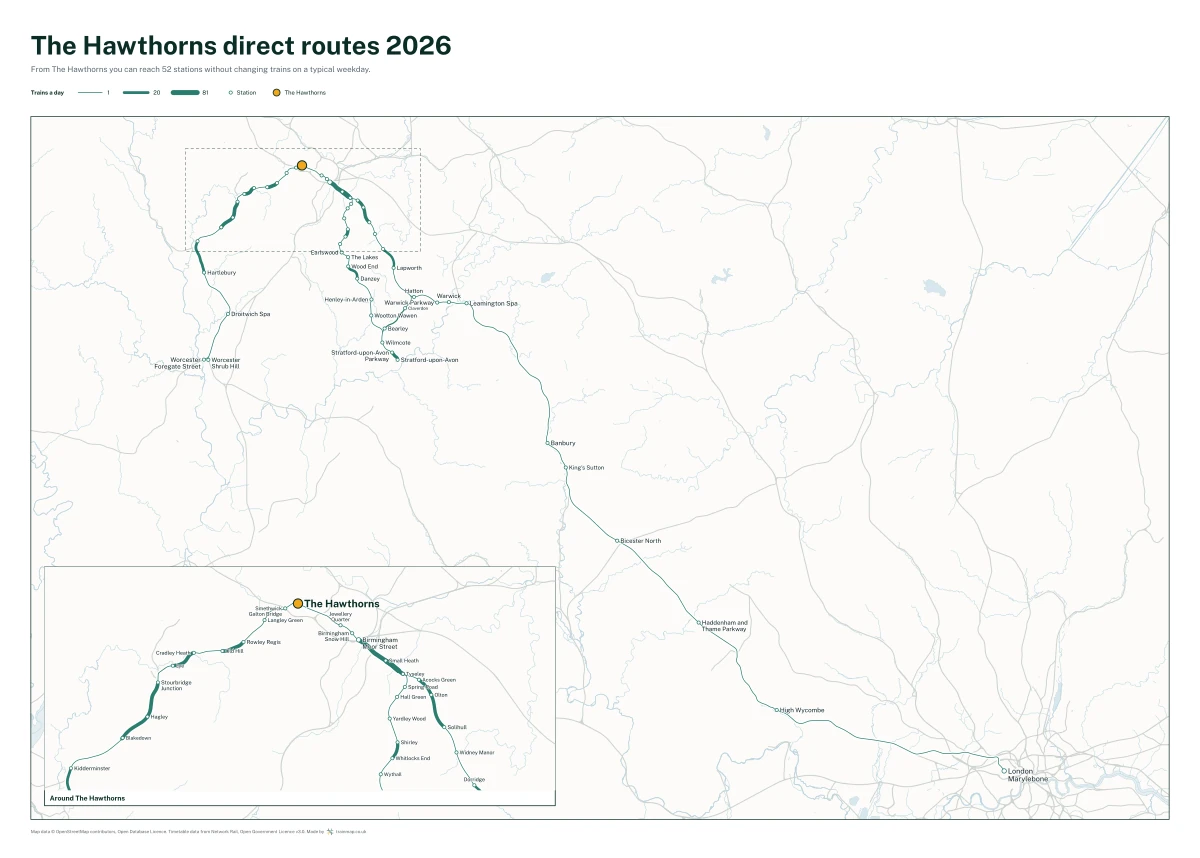 The Hawthorns direct routes 2026: a map of every station you can reach from The Hawthorns without changing trains, the lines thicker where more trains run