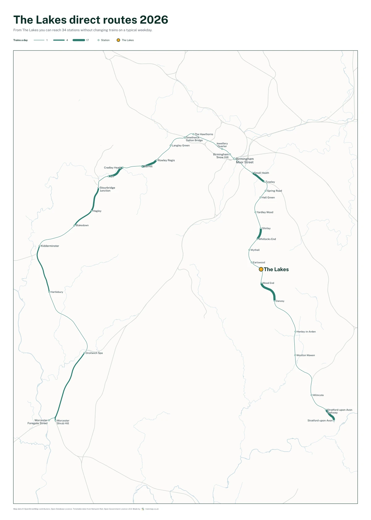 The Lakes direct routes 2026: a map of every station you can reach from The Lakes without changing trains, the lines thicker where more trains run