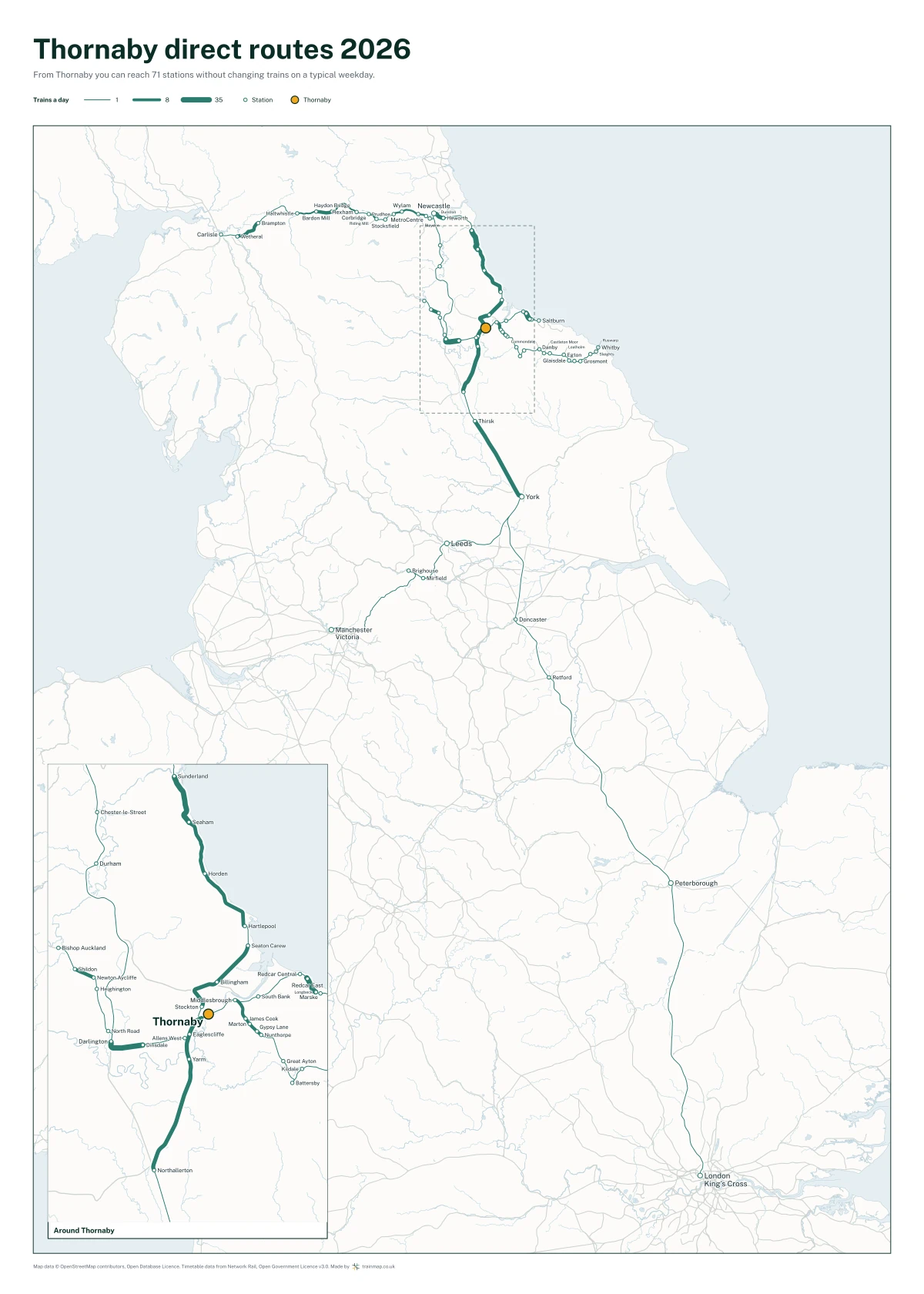 Thornaby direct routes 2026: a map of every station you can reach from Thornaby without changing trains, the lines thicker where more trains run