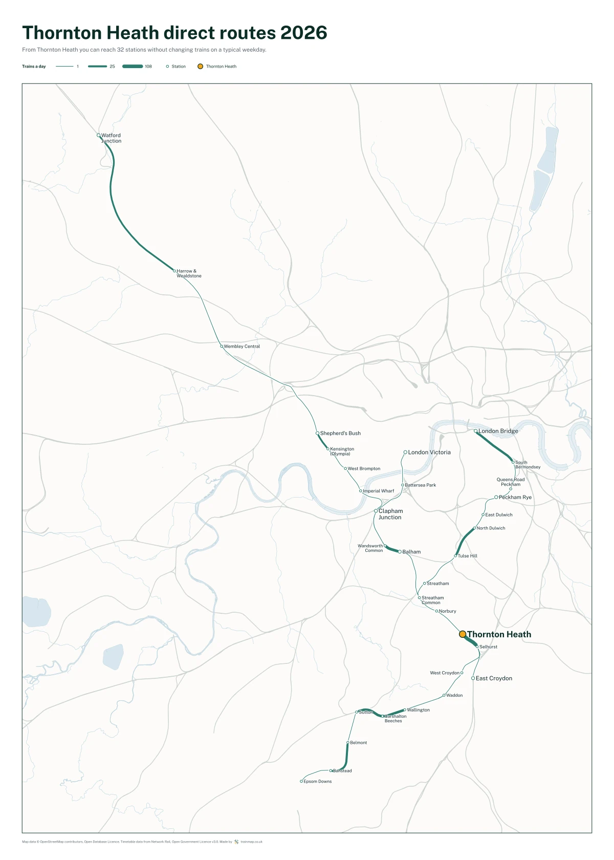 Thornton Heath direct routes 2026: a map of every station you can reach from Thornton Heath without changing trains, the lines thicker where more trains run