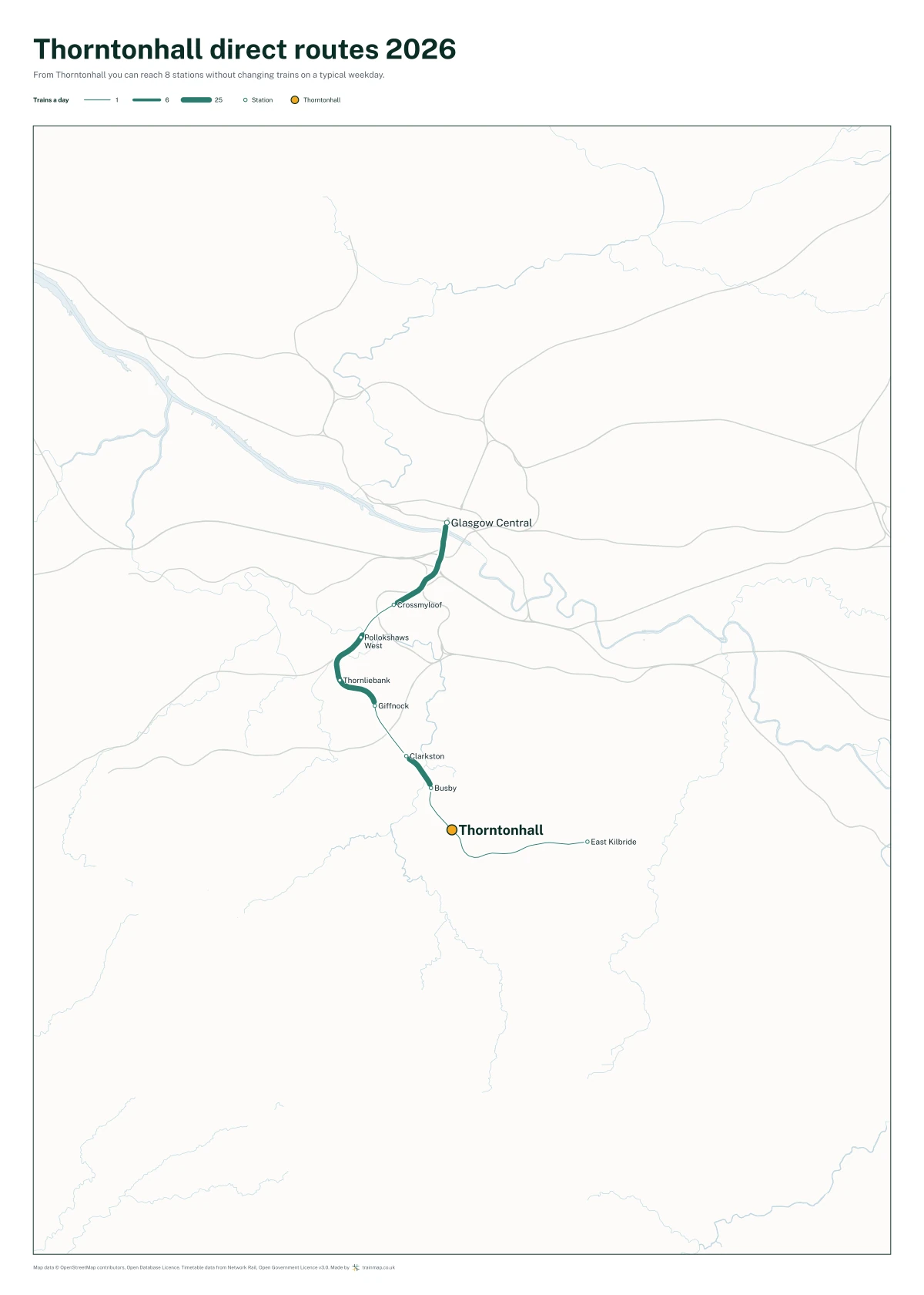 Thorntonhall direct routes 2026: a map of every station you can reach from Thorntonhall without changing trains, the lines thicker where more trains run