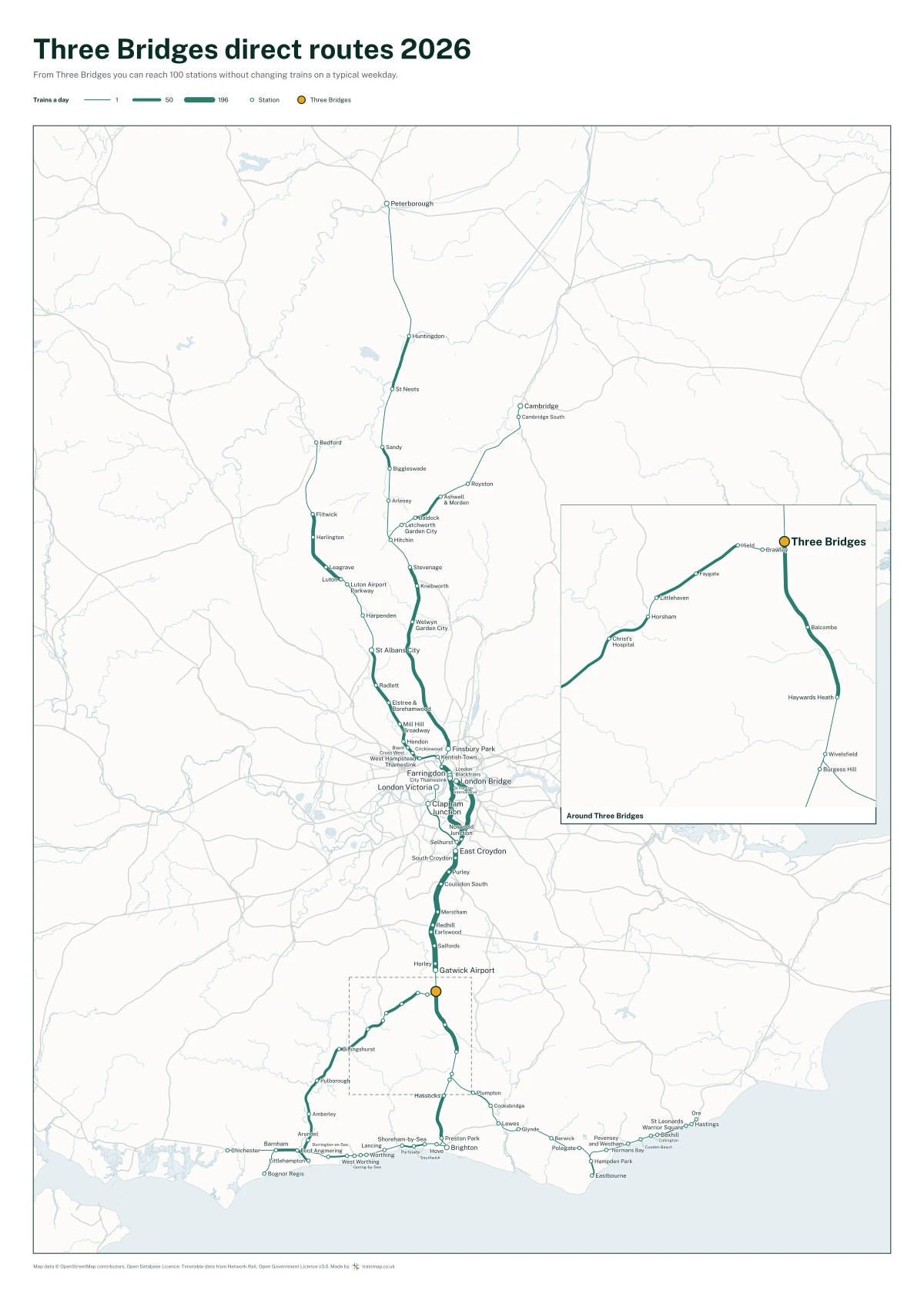 Three Bridges direct routes 2026: a map of every station you can reach from Three Bridges without changing trains, the lines thicker where more trains run