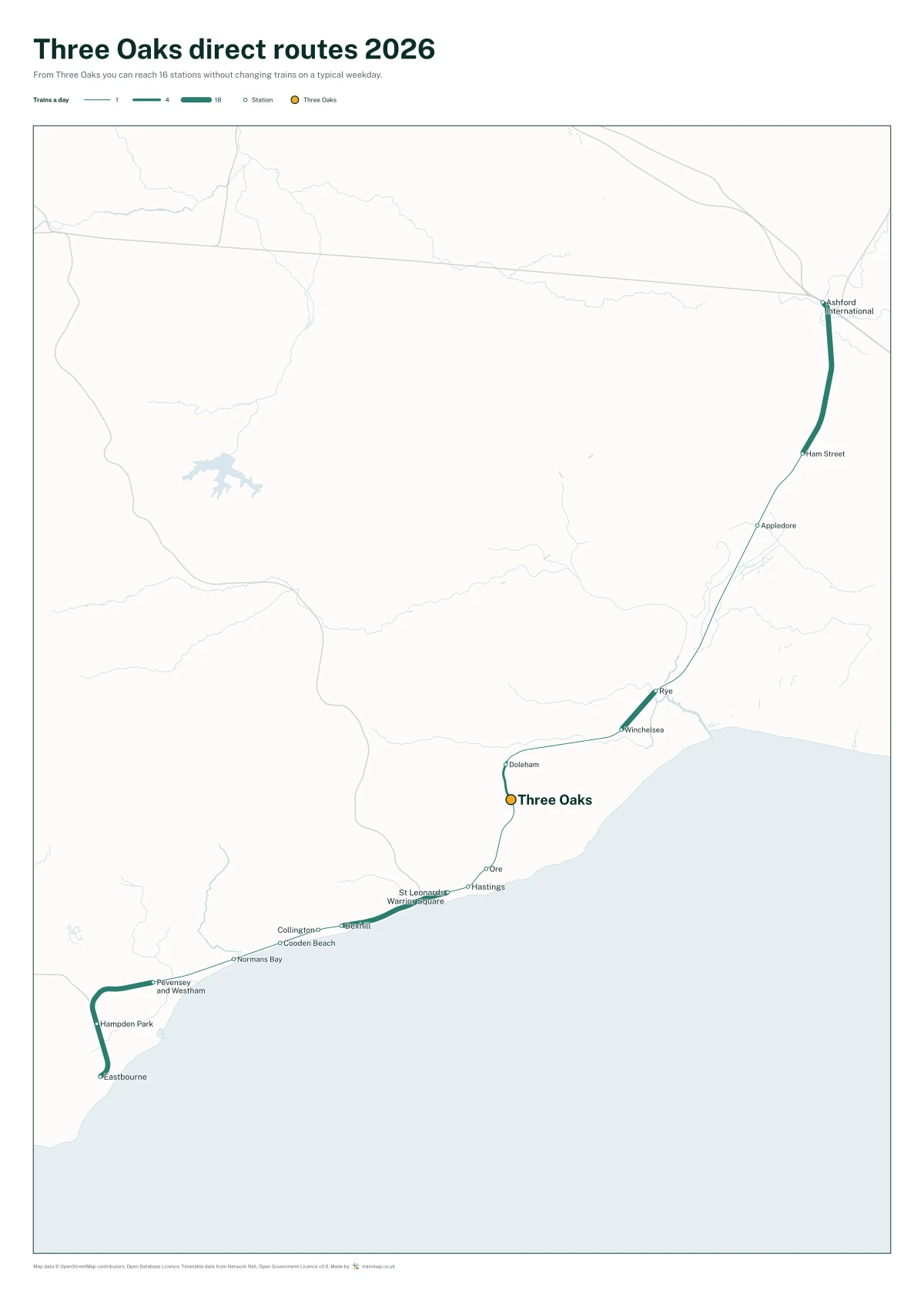 Three Oaks direct routes 2026: a map of every station you can reach from Three Oaks without changing trains, the lines thicker where more trains run