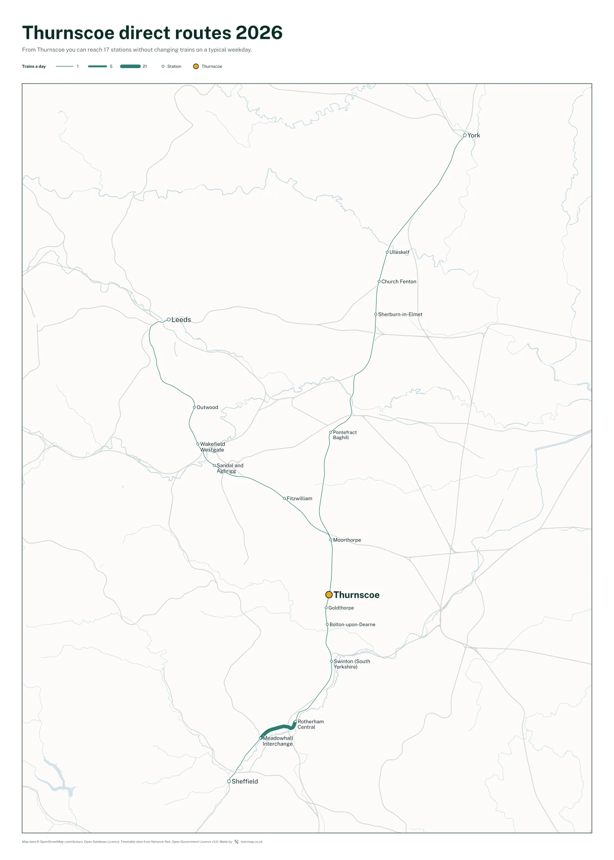 Thurnscoe direct routes 2026: a map of every station you can reach from Thurnscoe without changing trains, the lines thicker where more trains run