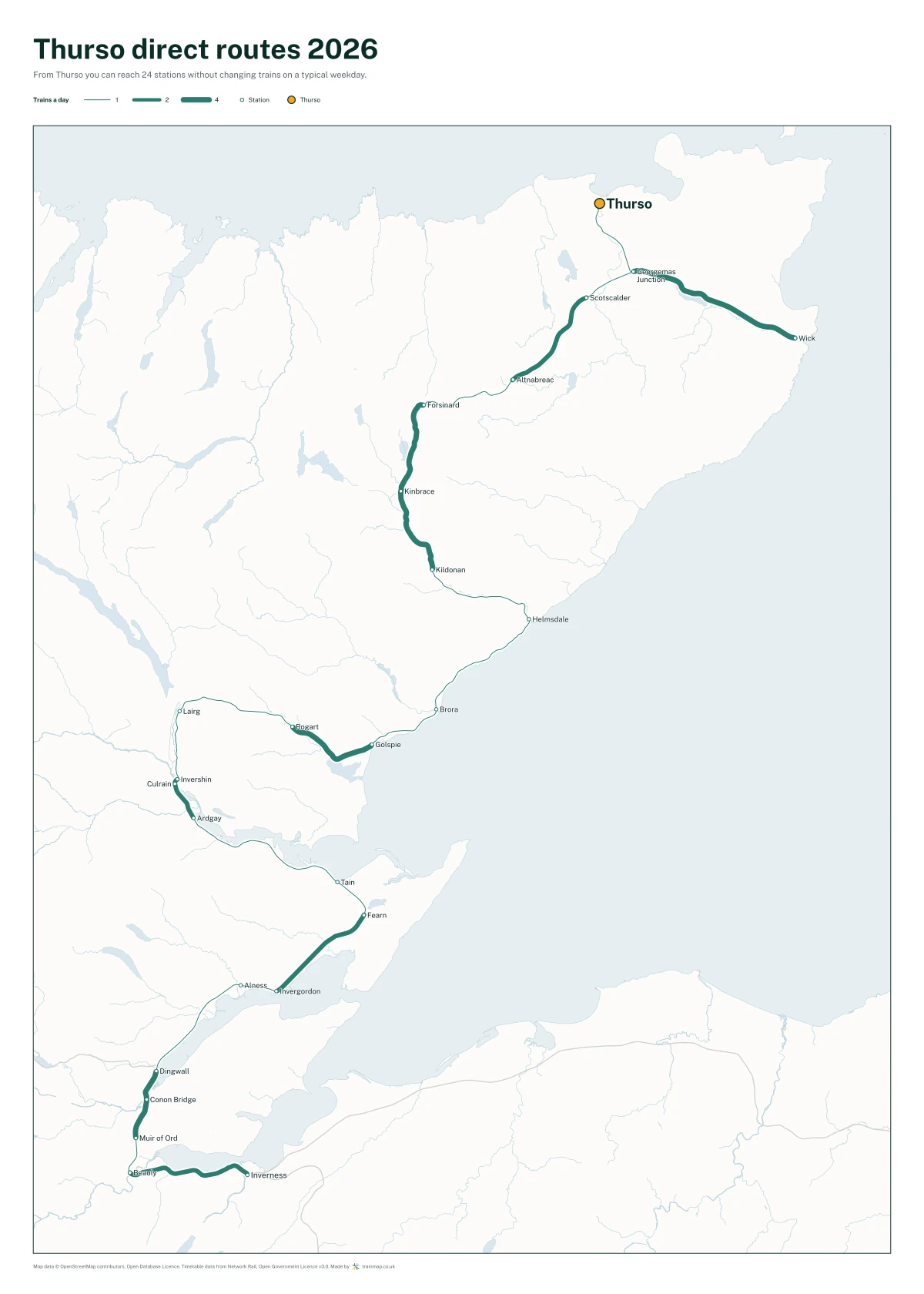 Thurso direct routes 2026: a map of every station you can reach from Thurso without changing trains, the lines thicker where more trains run