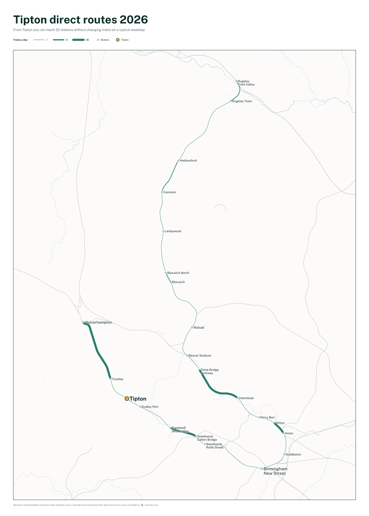 Tipton direct routes 2026: a map of every station you can reach from Tipton without changing trains, the lines thicker where more trains run
