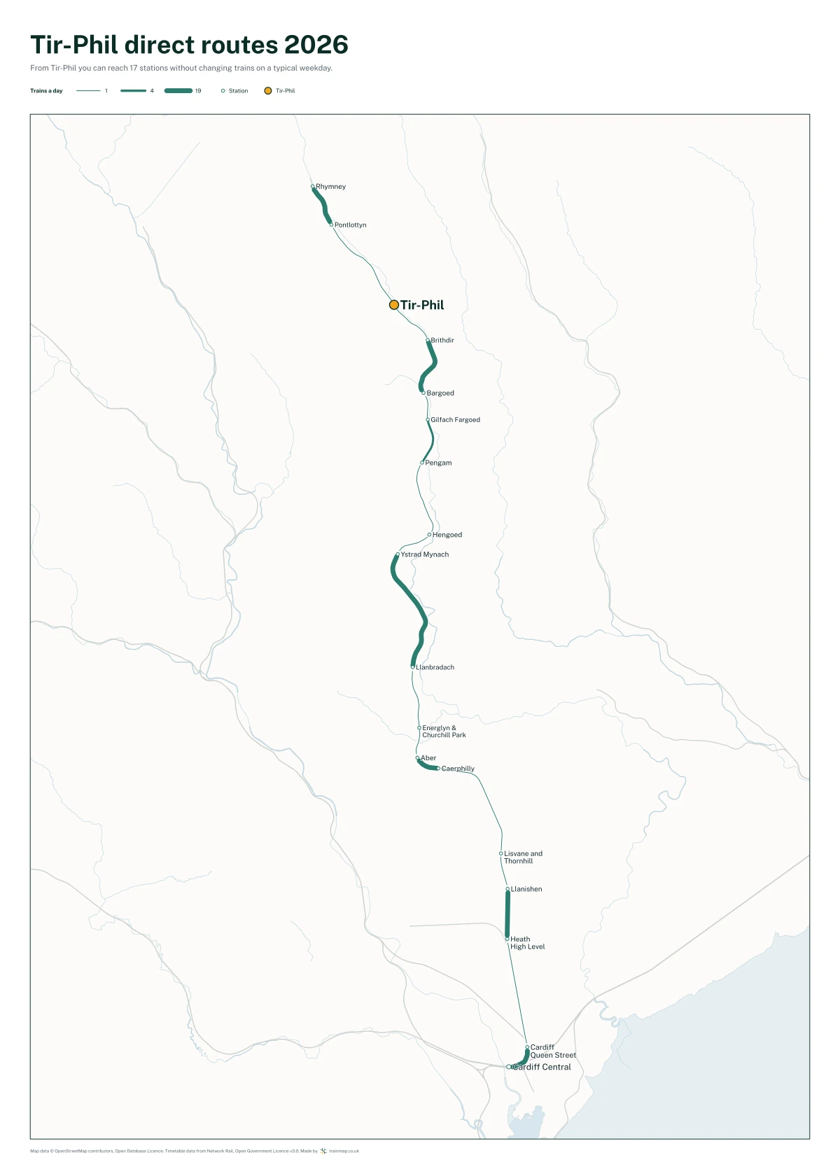Tir-Phil direct routes 2026: a map of every station you can reach from Tir-Phil without changing trains, the lines thicker where more trains run